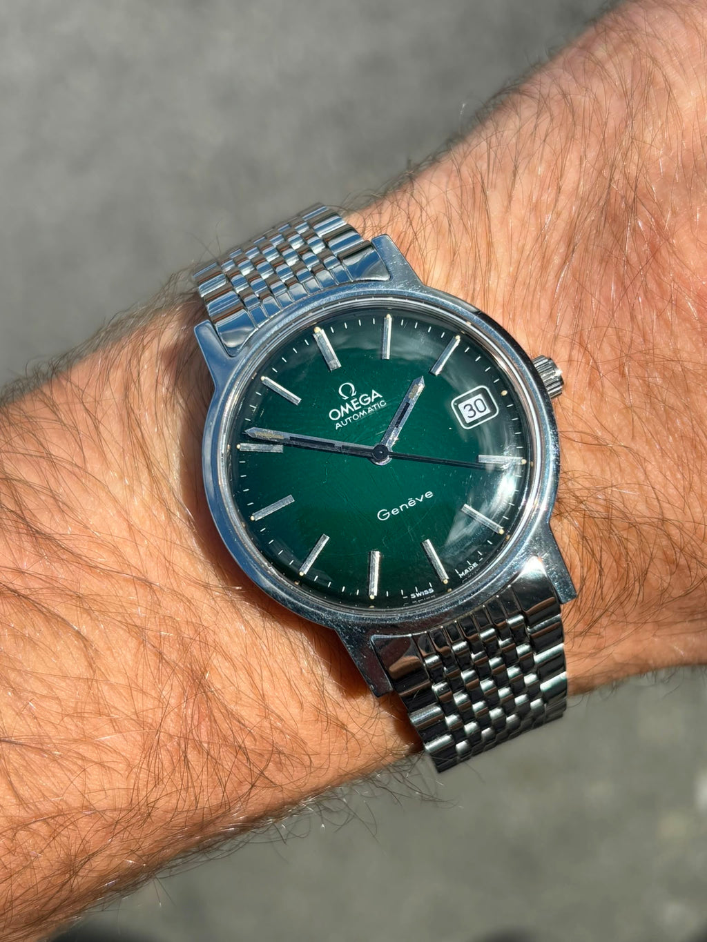 1972 Omega automatic Genéve green “money” dial men’s wrist watch