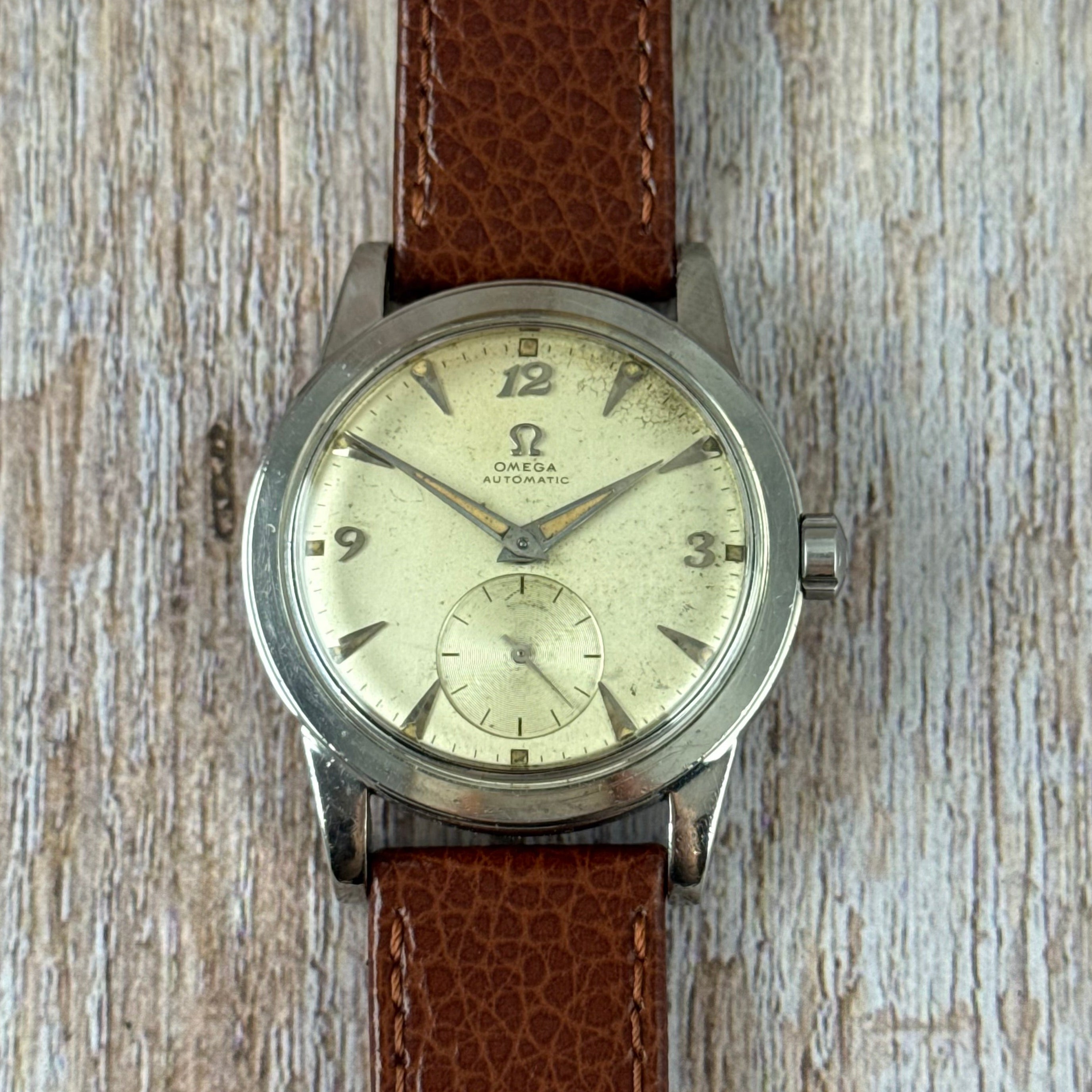 1950 Omega Seamaster “bumper” automatic breguet numerals men’s watch 35mm