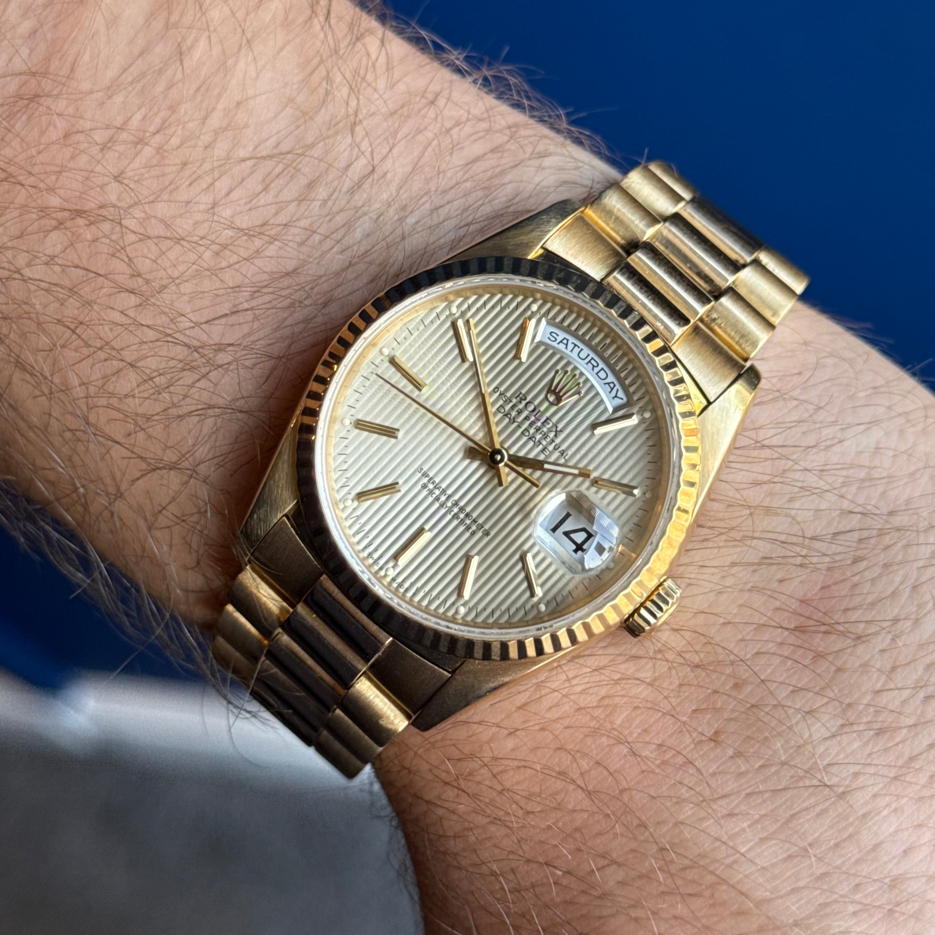 1989 Rolex Day-Date 36 ‘President’ men’s yellow gold watch tapestry dial gold jubilee bracelet, box & booklets