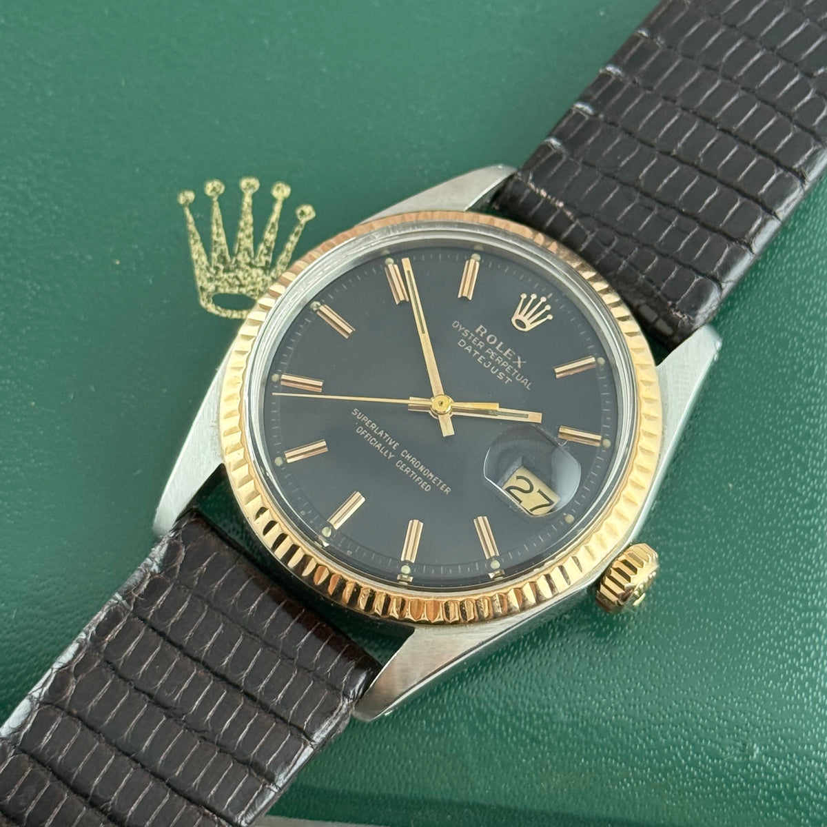 1974 Rolex Datejust 36 pink gold bi metal men’s wrist watch 1601 ‘black dial’ boxed