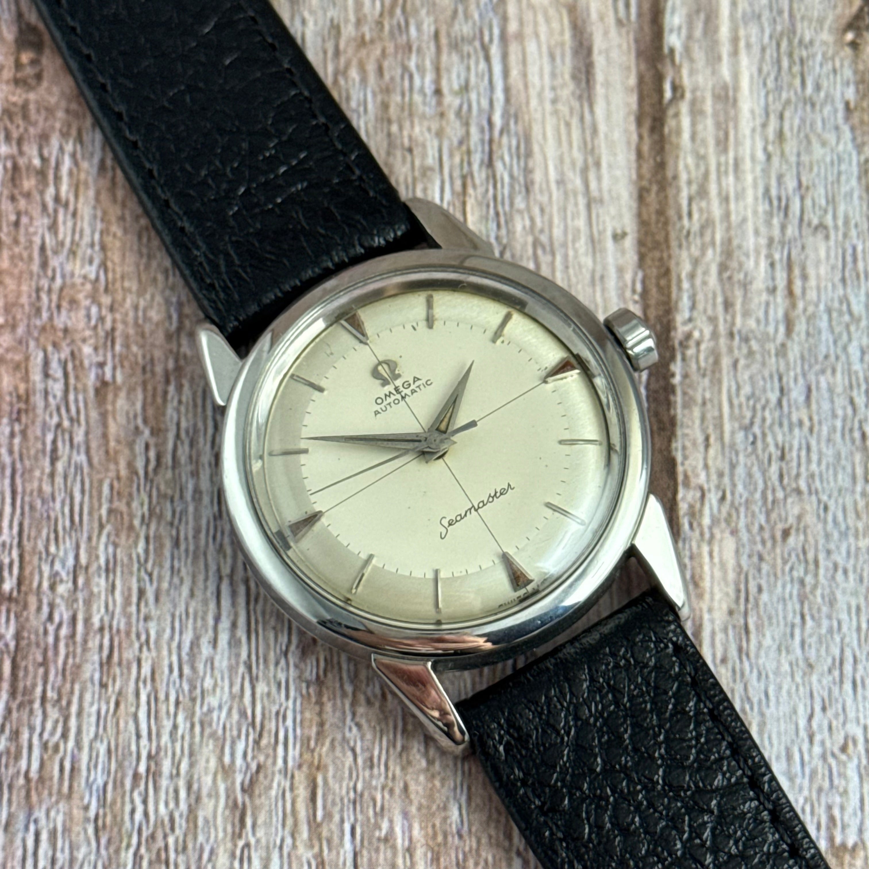 1958 Omega Seamaster automatic men’s cross-hair wrist watch two tone dial steel