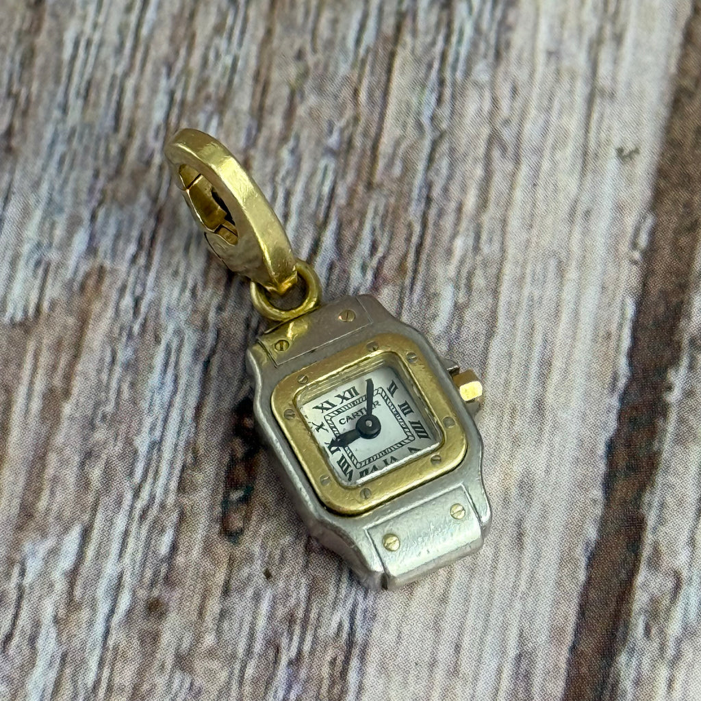 Vintage Cartier Santos Galbée Mini Watch Charm 18K Yellow Gold & Steel
