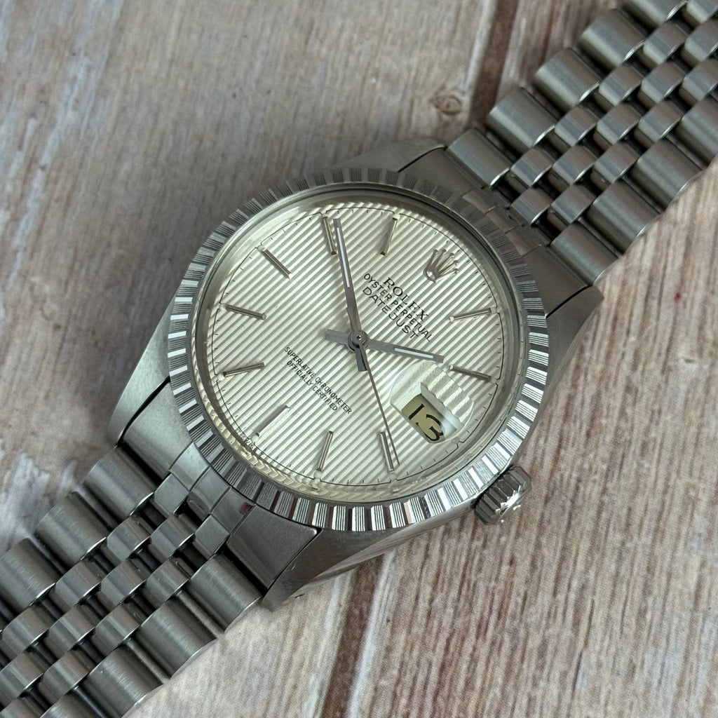 1986 Rolex Datejust 36 silver “tapestry” steel men’s watch boxed MINT CONDITION