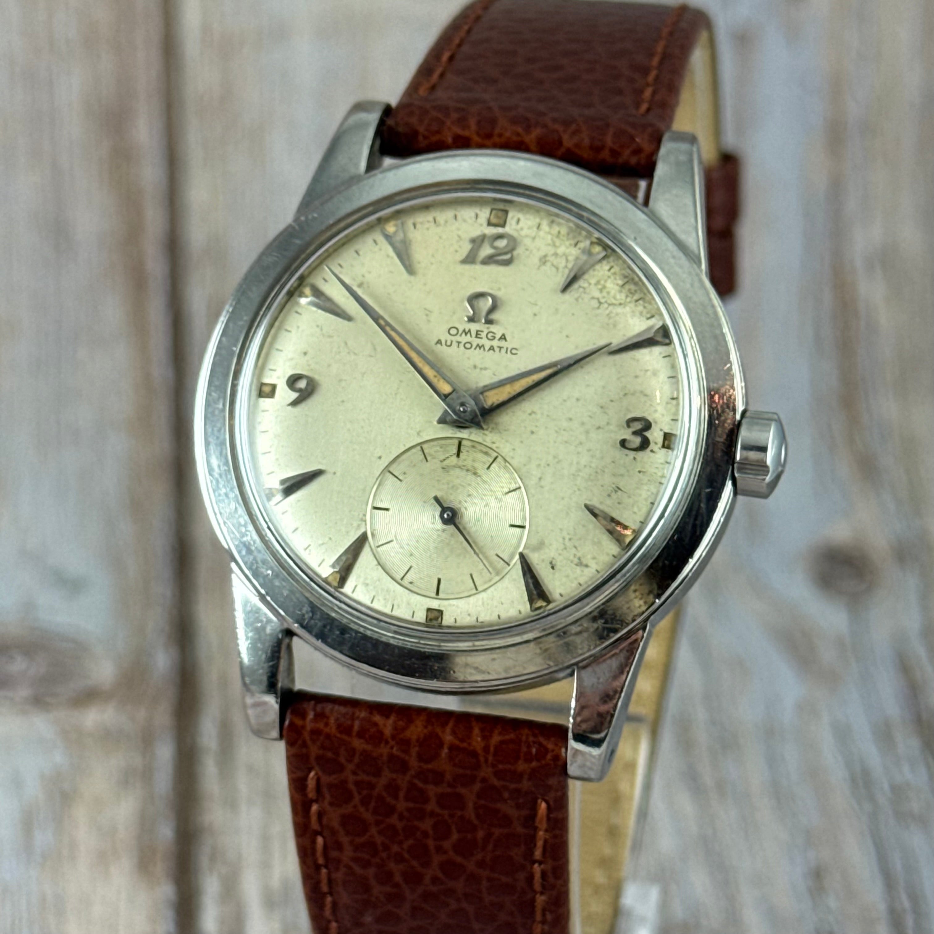 1950 Omega Seamaster “bumper” automatic breguet numerals men’s watch 35mm