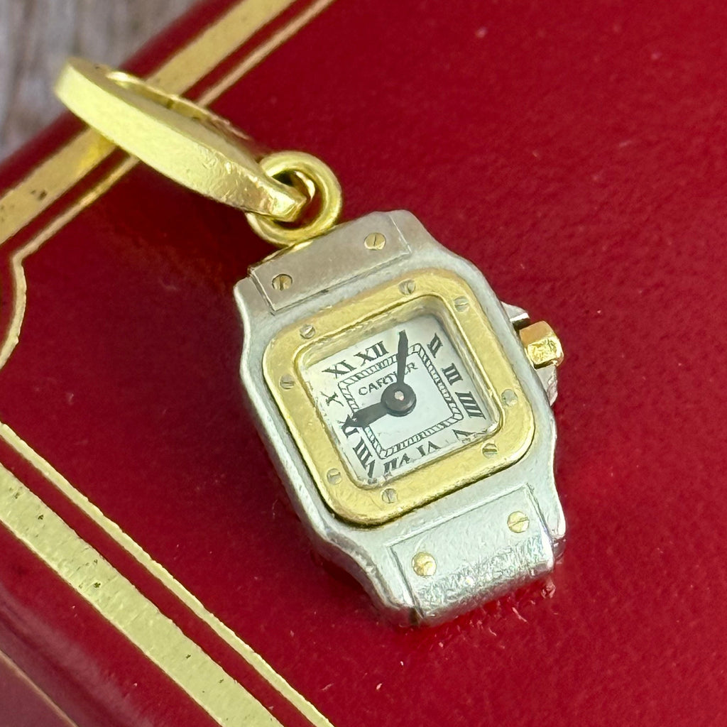 Vintage Cartier Santos Galbée Mini Watch Charm 18K Yellow Gold & Steel
