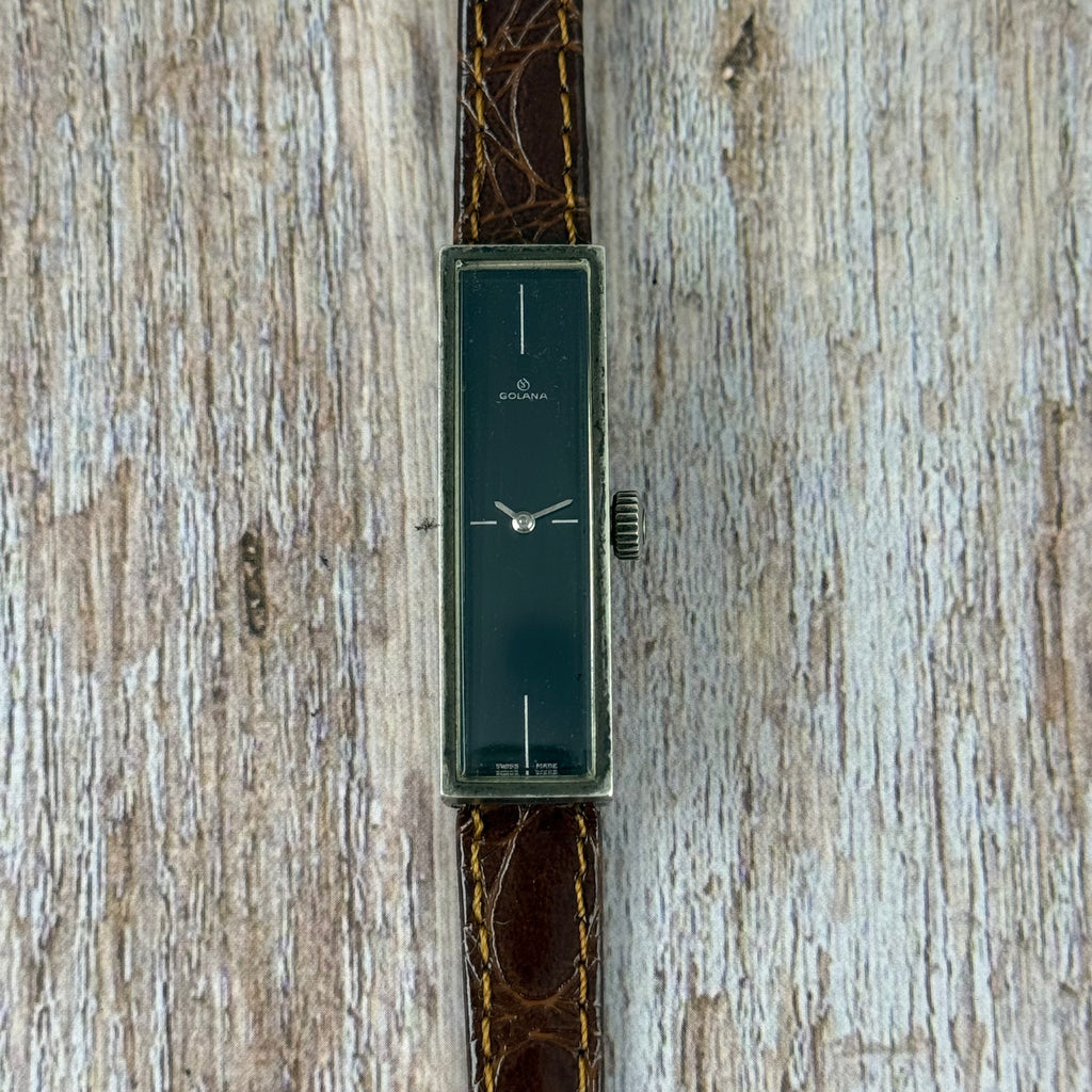 1970s .925 solid silver case Golana unisex watch manual wind ‘minimalist tank’ 12 x 40mm
