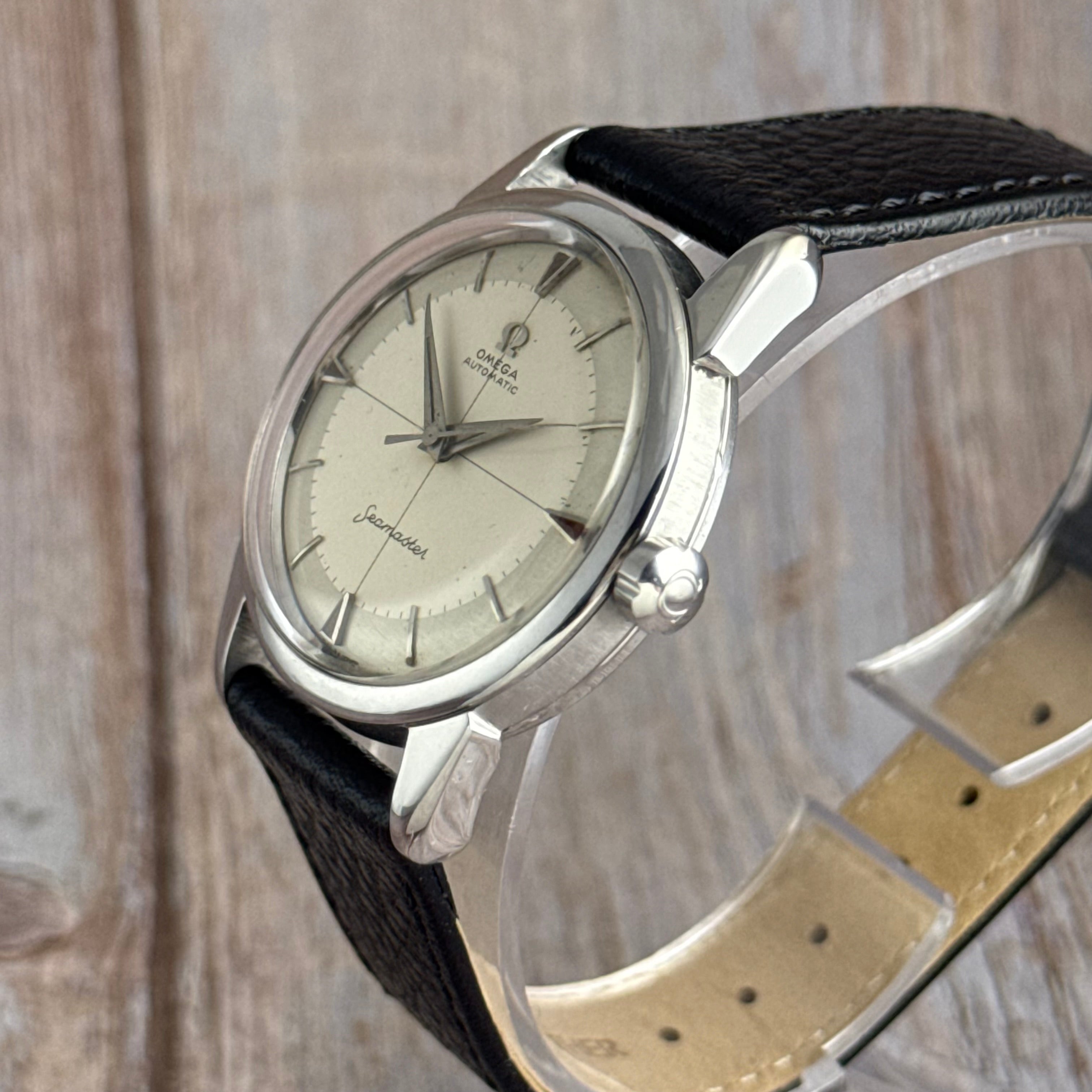 1958 Omega Seamaster automatic men’s cross-hair wrist watch two tone dial steel