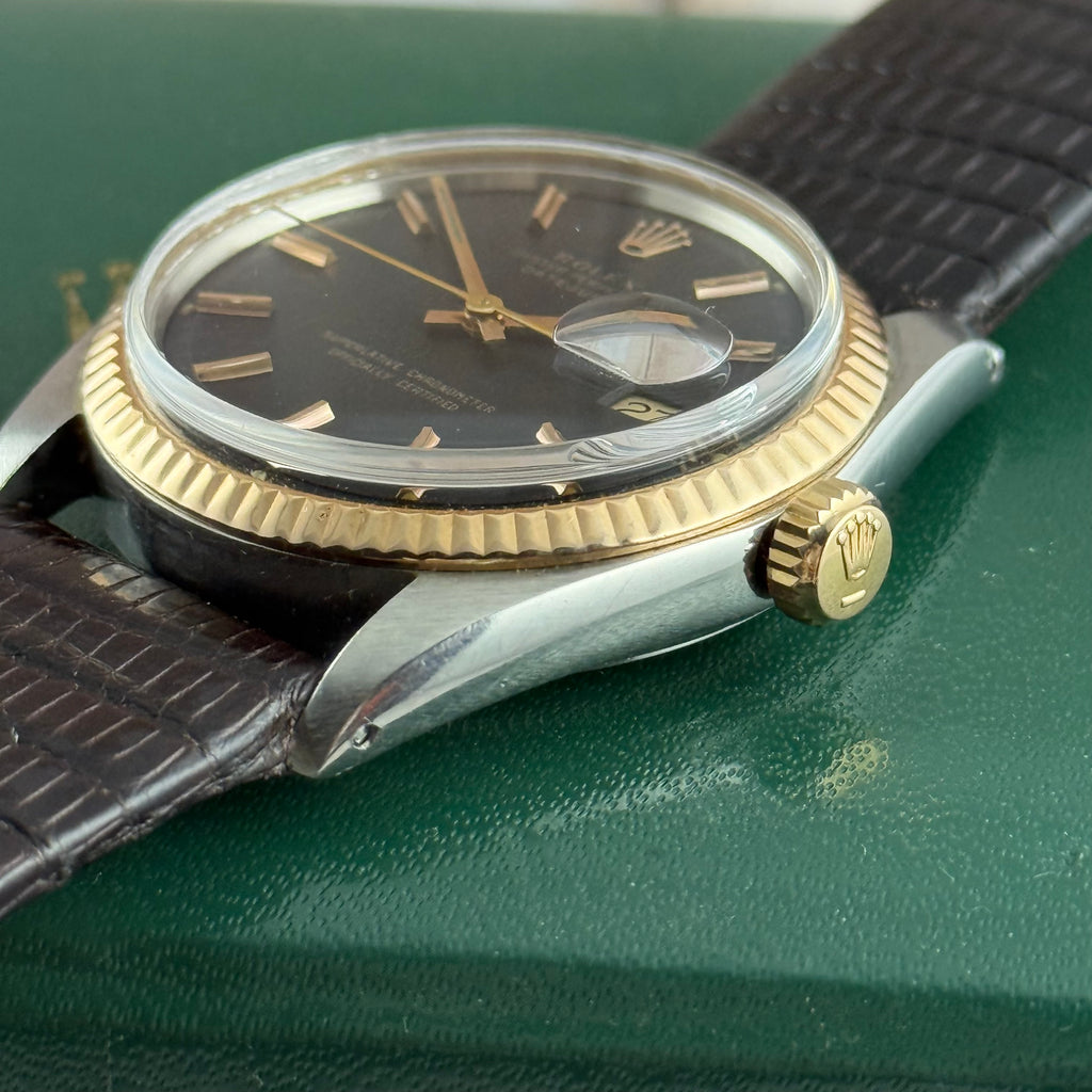 1974 Rolex Datejust 36 pink gold bi metal men’s wrist watch 1601 ‘black dial’ boxed