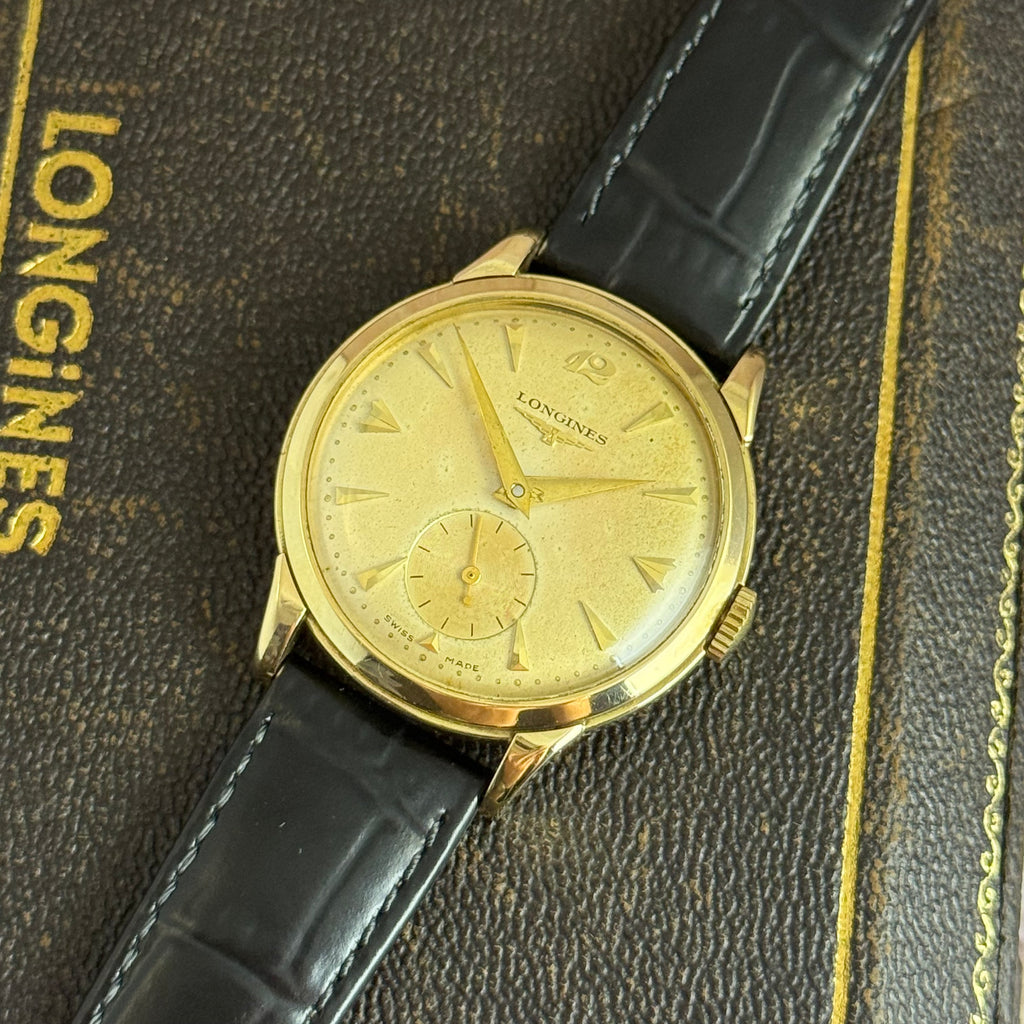 9ct gold Longines gentlemen’s manual wind wrist watch 1950s boxed