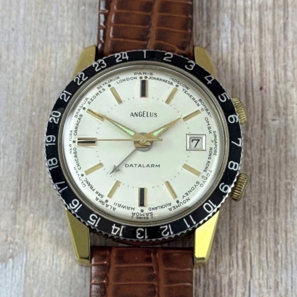 Vintage Angelus Datalarm Manual Wind Men’s World Time Watch 24hr  Bezel 35mm