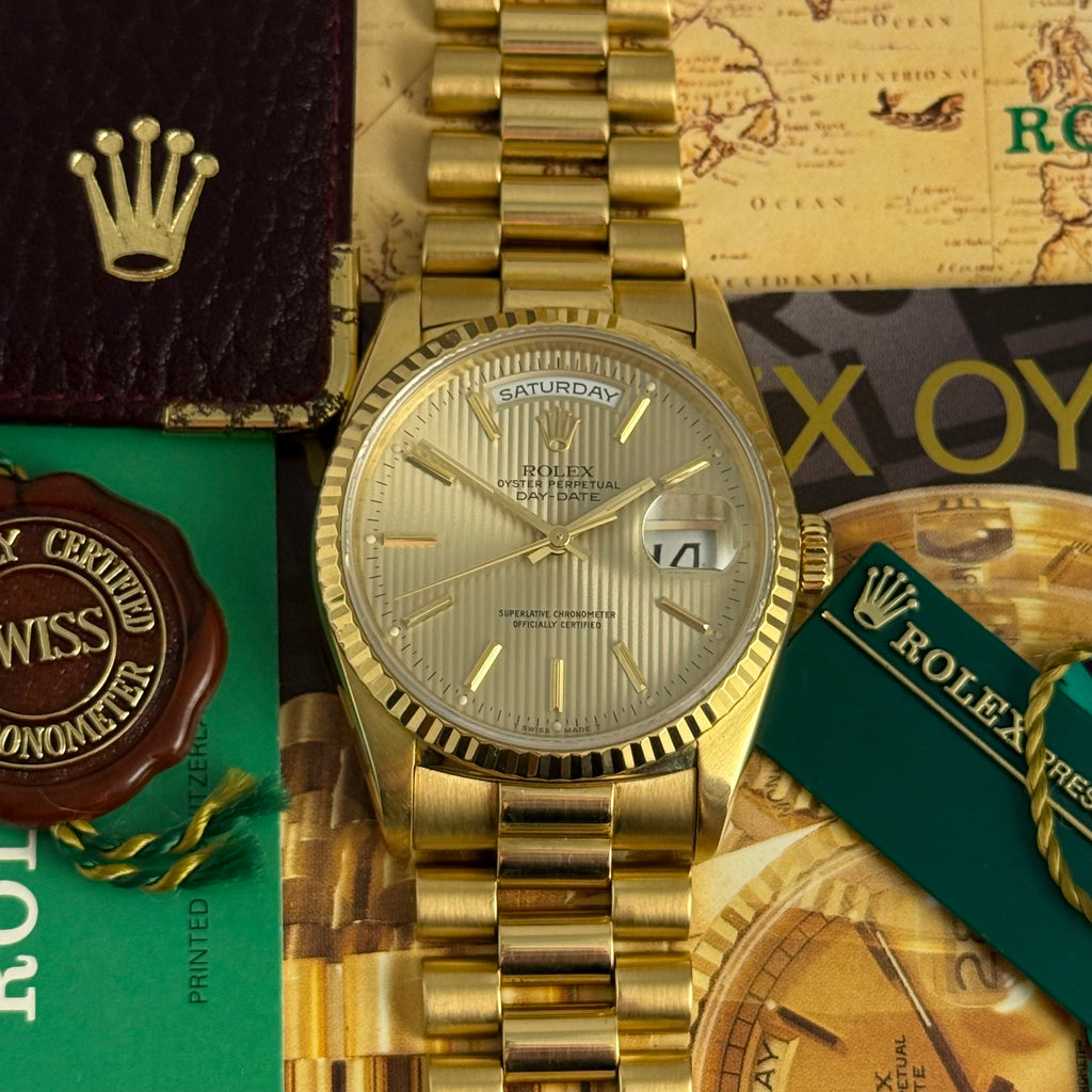 1989 Rolex Day-Date 36 ‘President’ men’s yellow gold watch tapestry dial gold jubilee bracelet, box & booklets