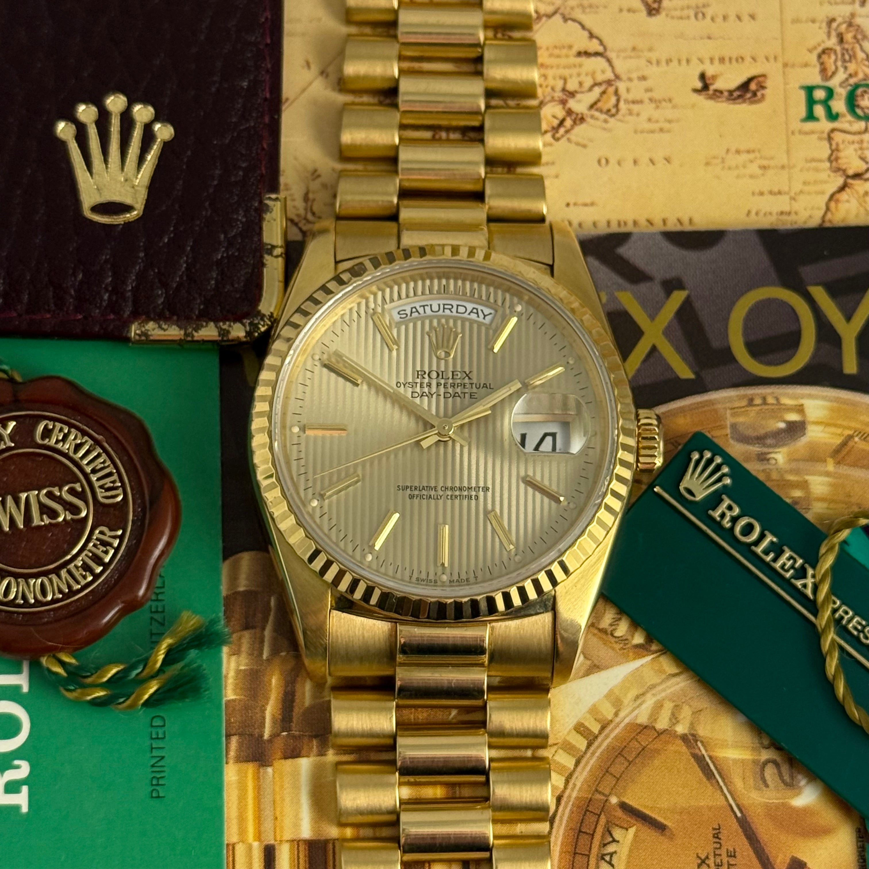 1989 Rolex Day-Date 36 ‘President’ men’s yellow gold watch tapestry dial gold jubilee bracelet, box & booklets