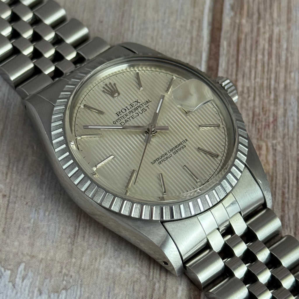1986 Rolex Datejust 36 silver “tapestry” steel men’s watch boxed MINT CONDITION