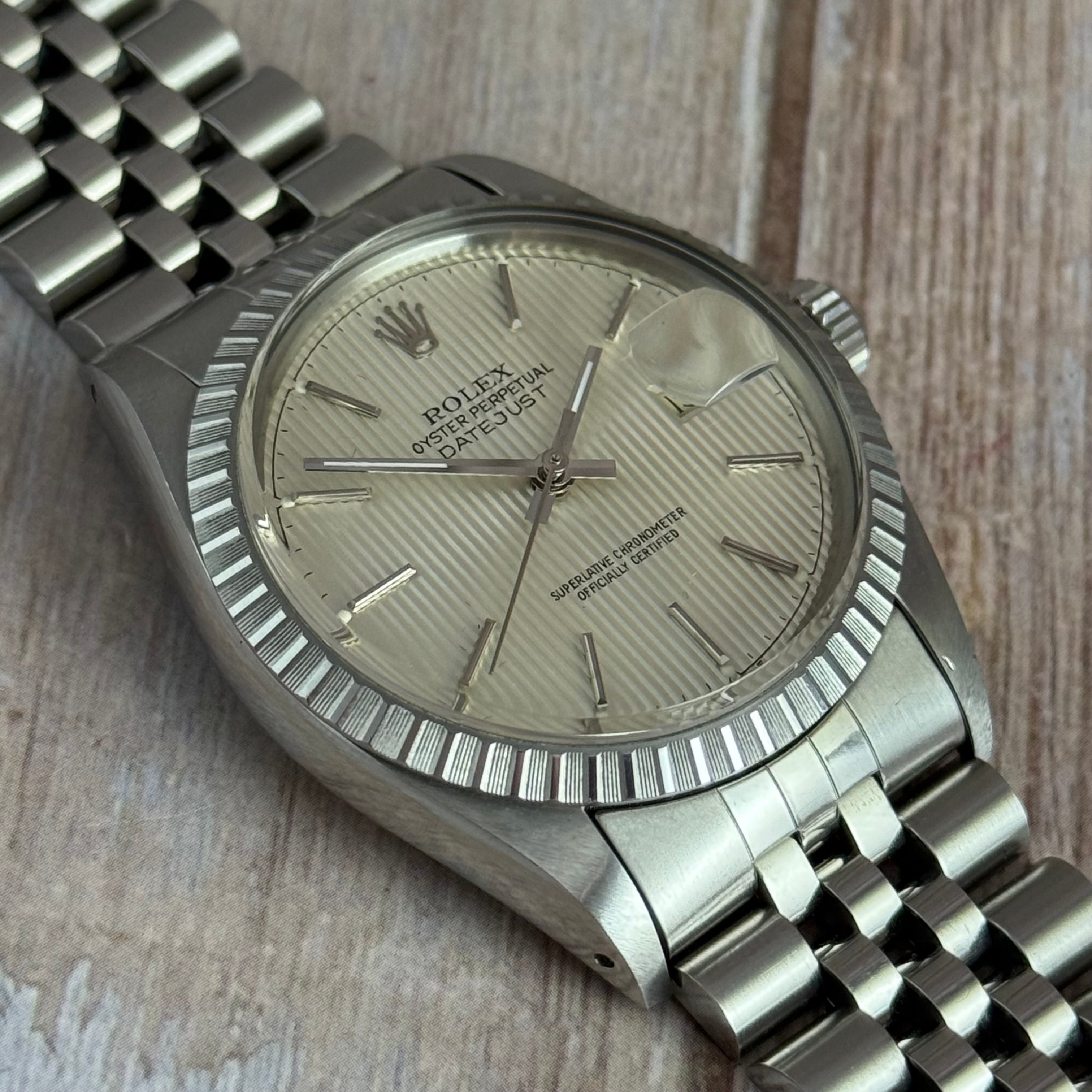 1986 Rolex Datejust 36 silver “tapestry” steel men’s watch boxed MINT CONDITION