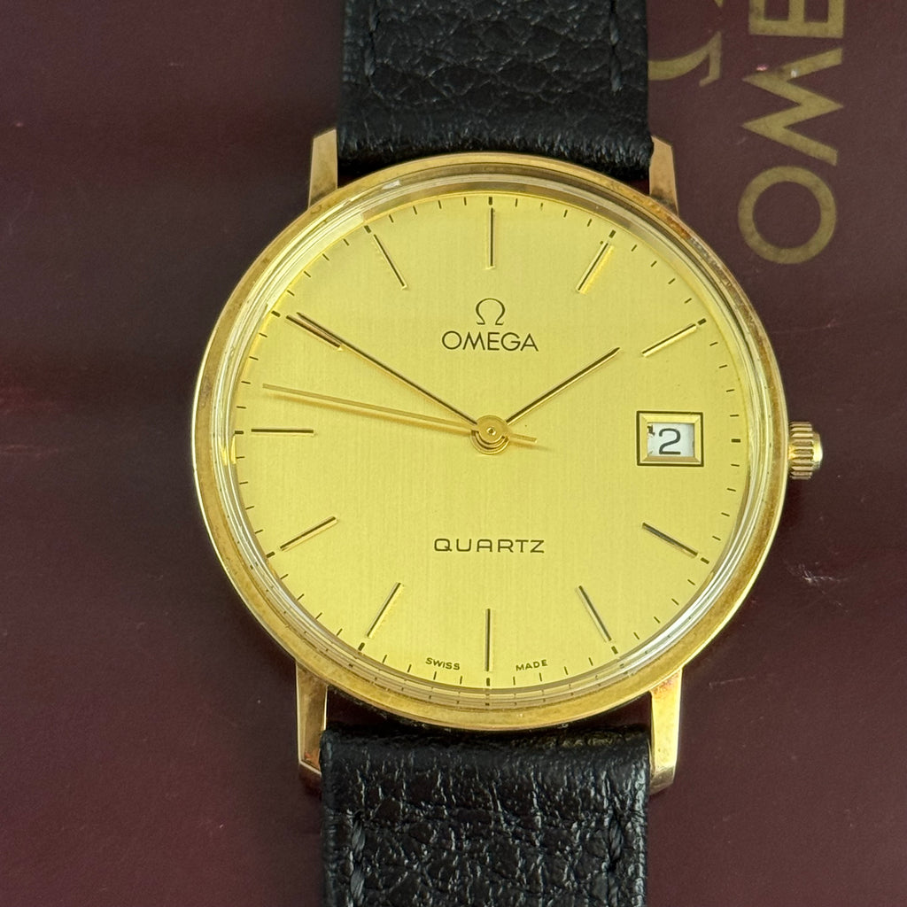 9ct solid gold Omega quartz men’s wrist watch 34mm with guarantee circa 1988