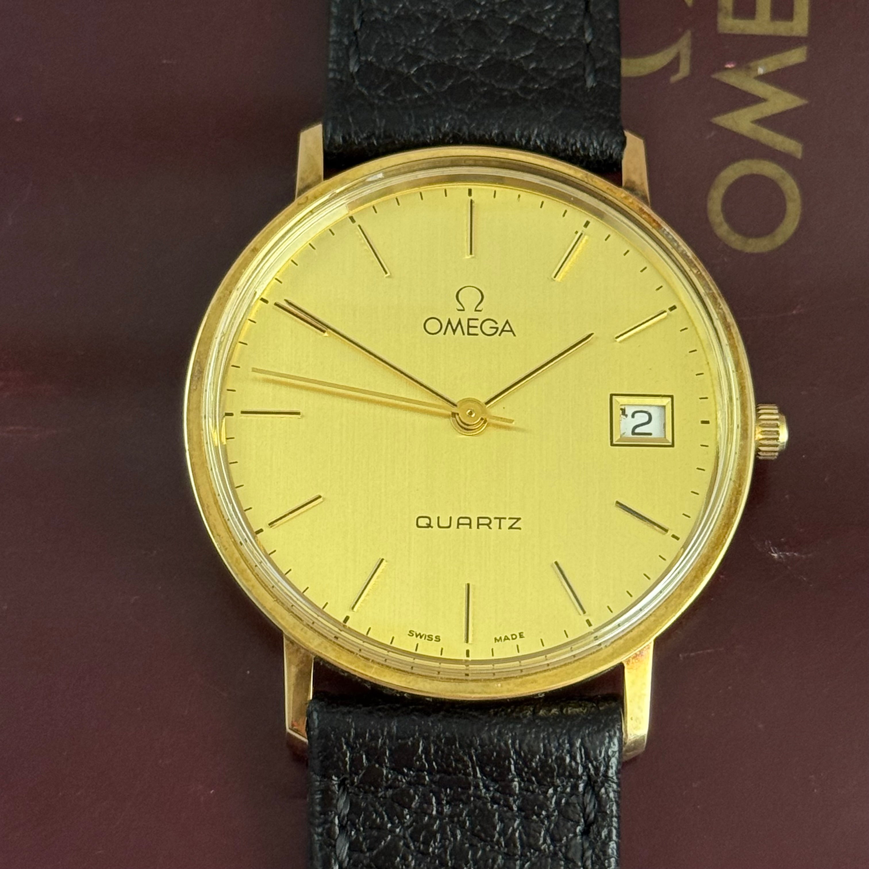 9ct solid gold Omega quartz men’s wrist watch 34mm with guarantee circa 1988