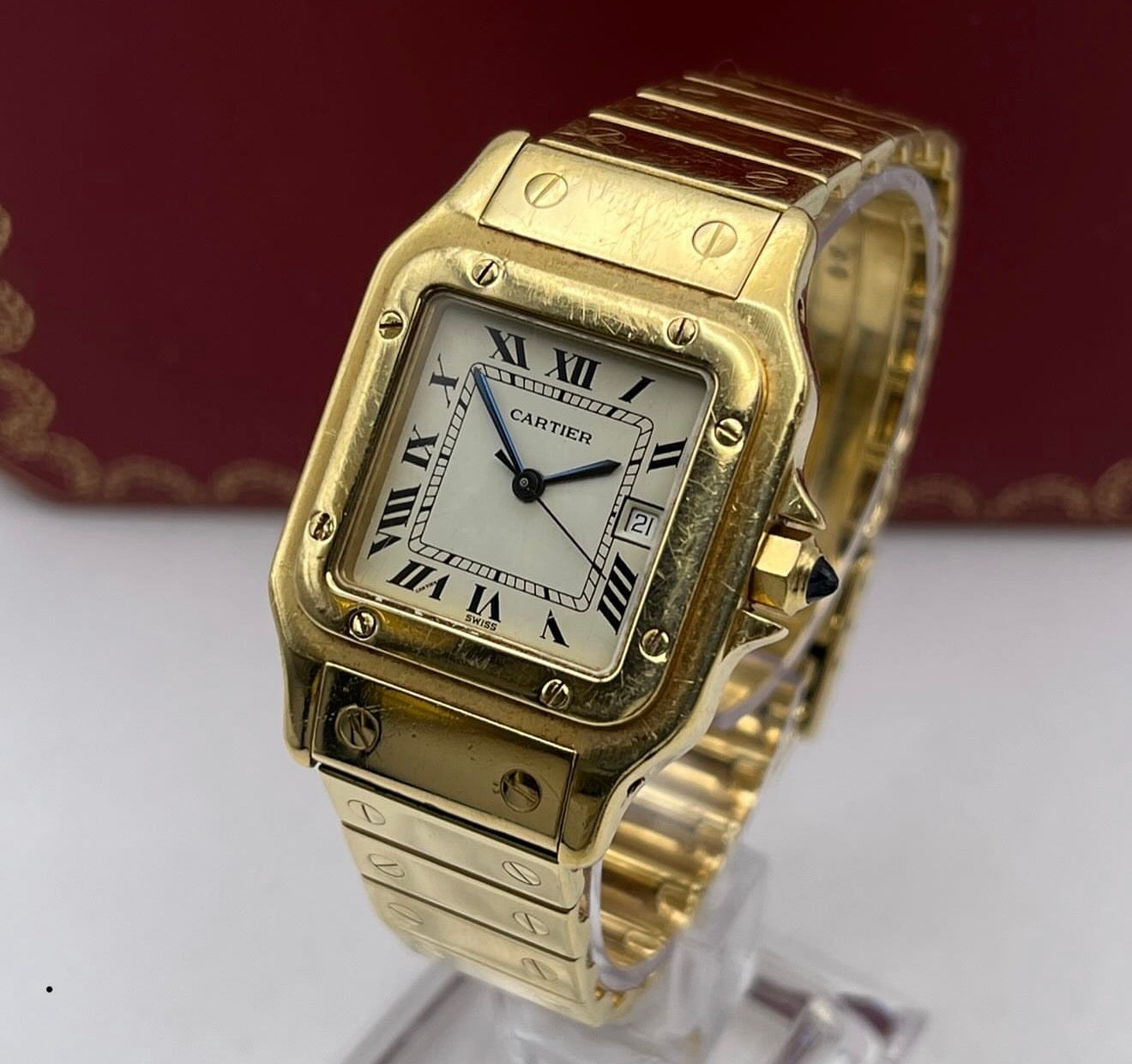 1980s 18ct solid gold Cartier Santos automatic 27mm unisex w box