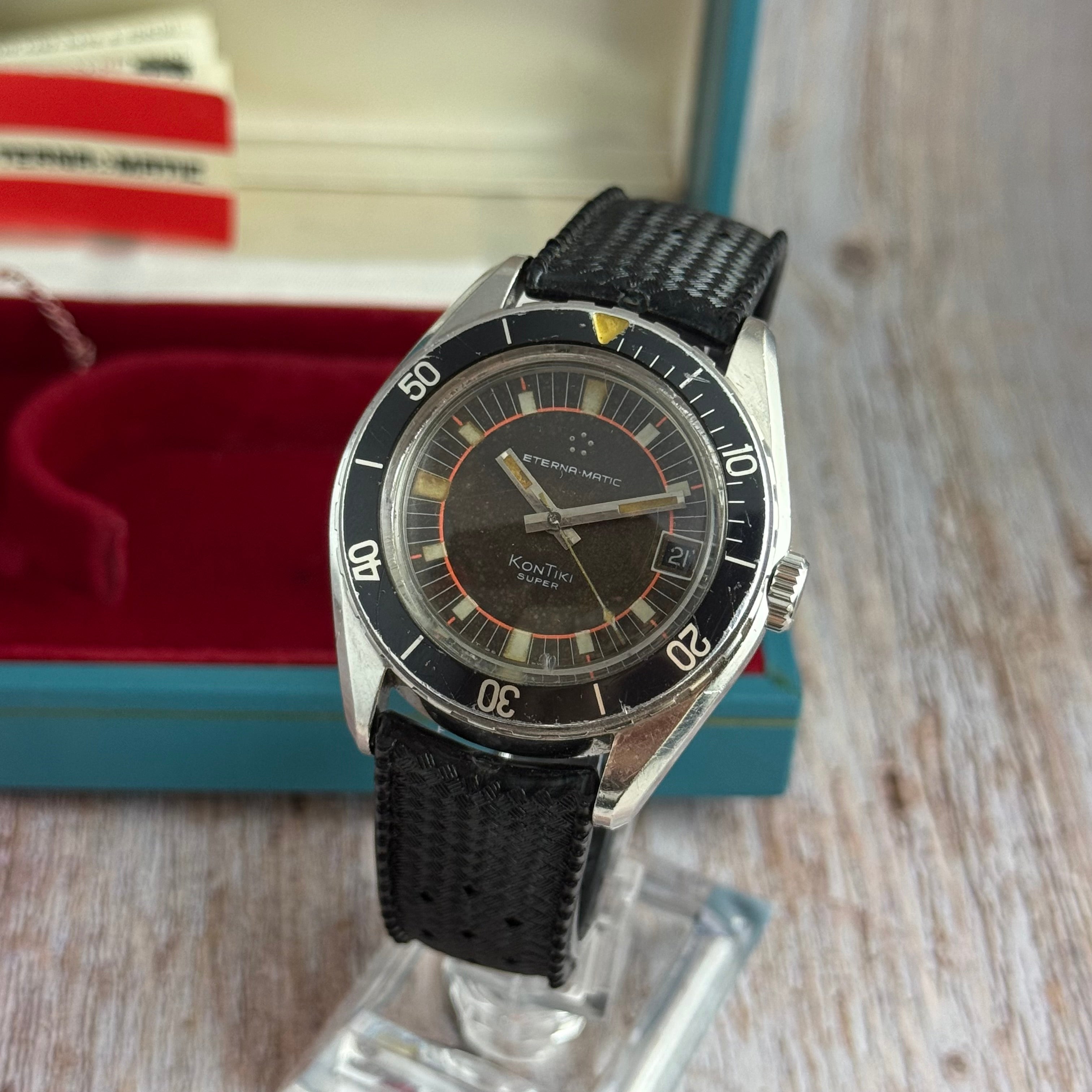 1970s Eterna-Matic KonTiki IDF military issue divers watch automatic boxed ‘chocolate’ tropical dial