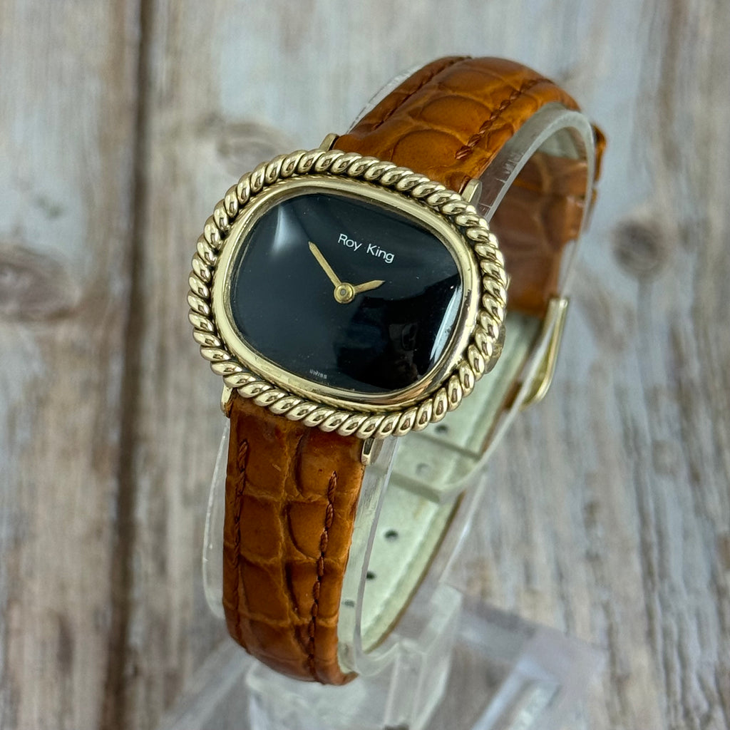 1970s Roy King 9ct solid gold ladies watch onyx dial boxed