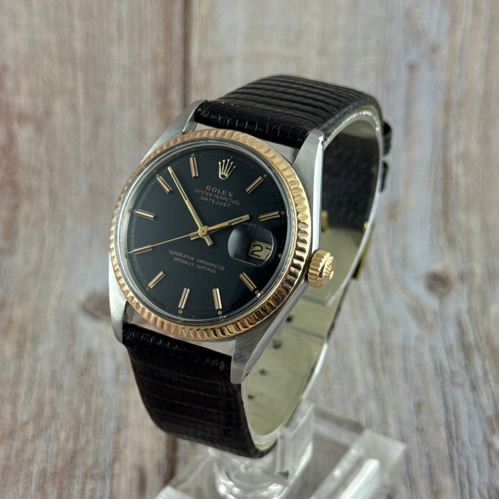 1974 Rolex Datejust 36 pink gold bi metal men’s wrist watch 1601 ‘black dial’ boxed