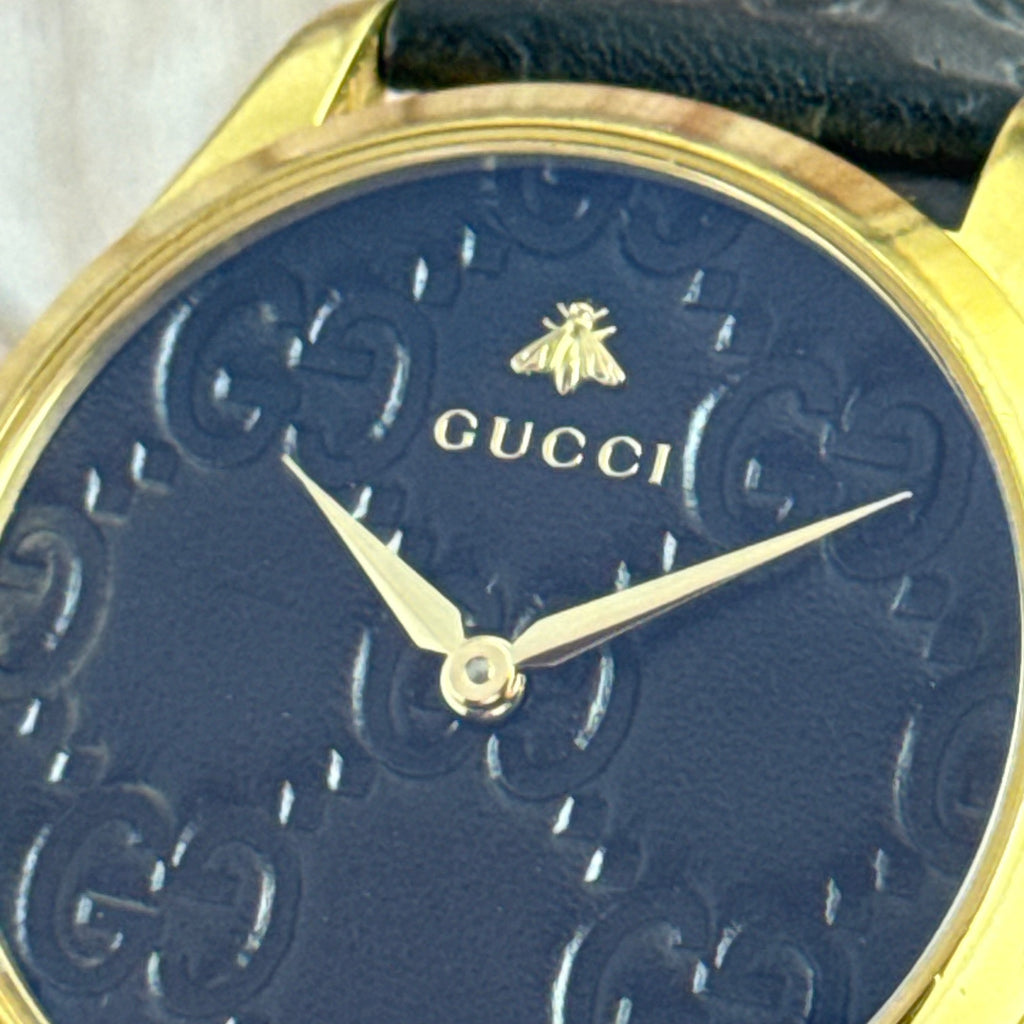 Gucci G timeless mens Leather dial wrist watch gold plated (126.4)