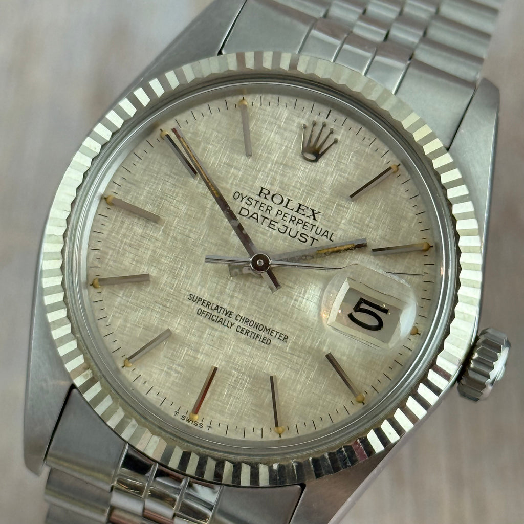 1980 ROLEX DATEJUST 36
16014 LINEN DIAL 18CT
GOLD BEZEL FULL SET