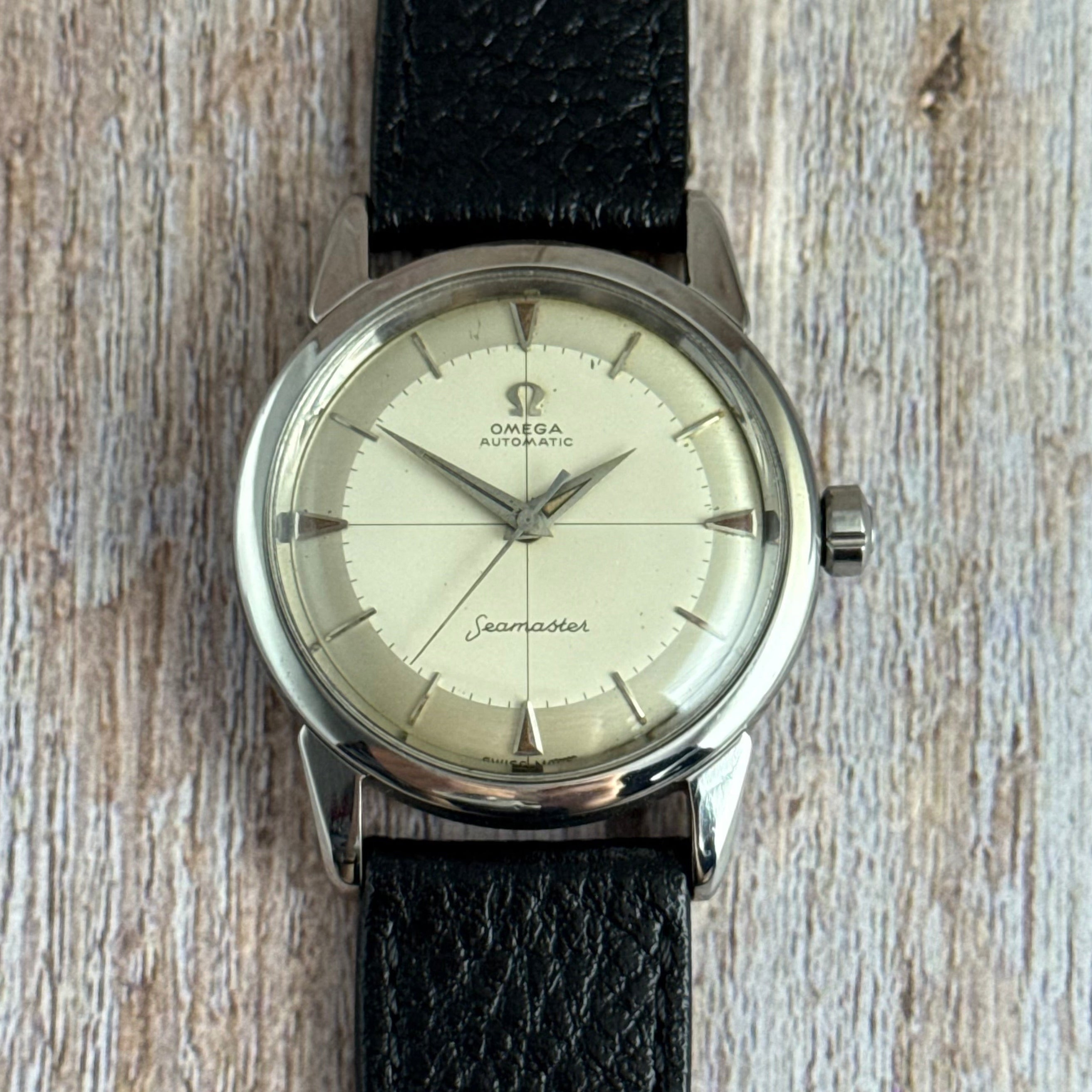 1958 Omega Seamaster automatic men’s cross-hair wrist watch two tone dial steel