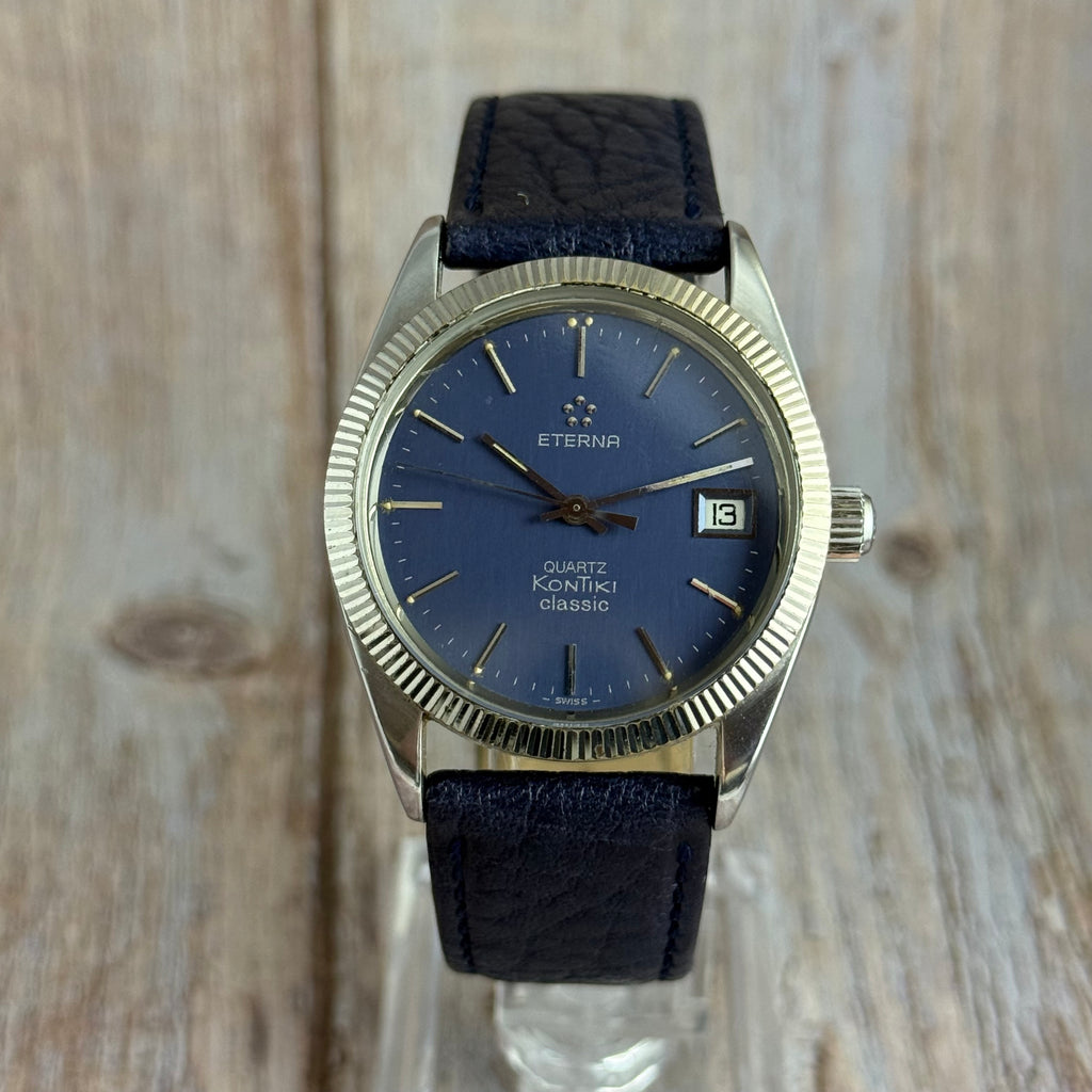 Vintage Eterna KonTiki Classic Quartz Blue Dial Men’s Watch 35mm Working