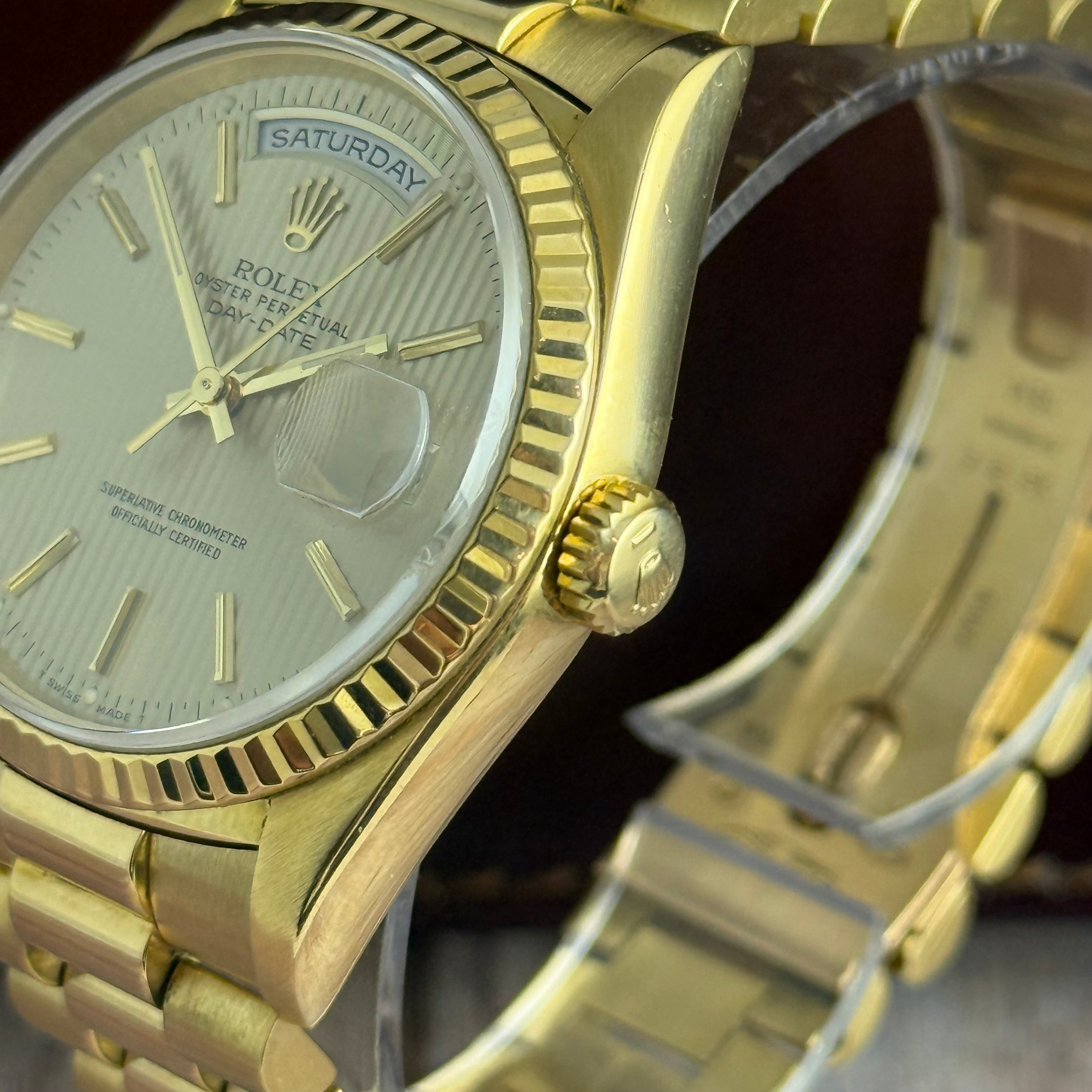 1989 Rolex Day-Date 36 ‘President’ men’s yellow gold watch tapestry dial gold jubilee bracelet, box & booklets