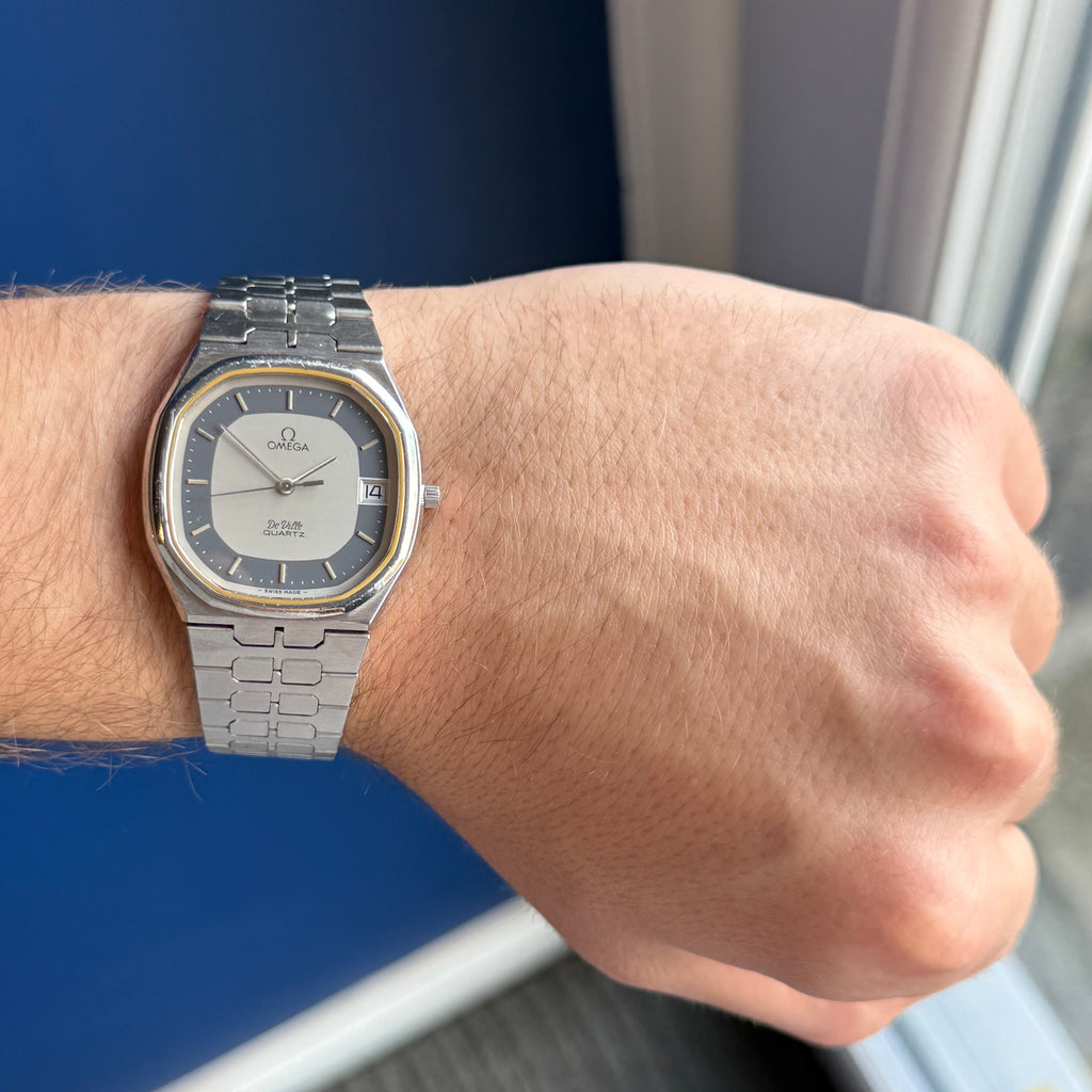 1970s Omega De Ville quartz men’s blue dial integrated bracelet wrist watch 35mm