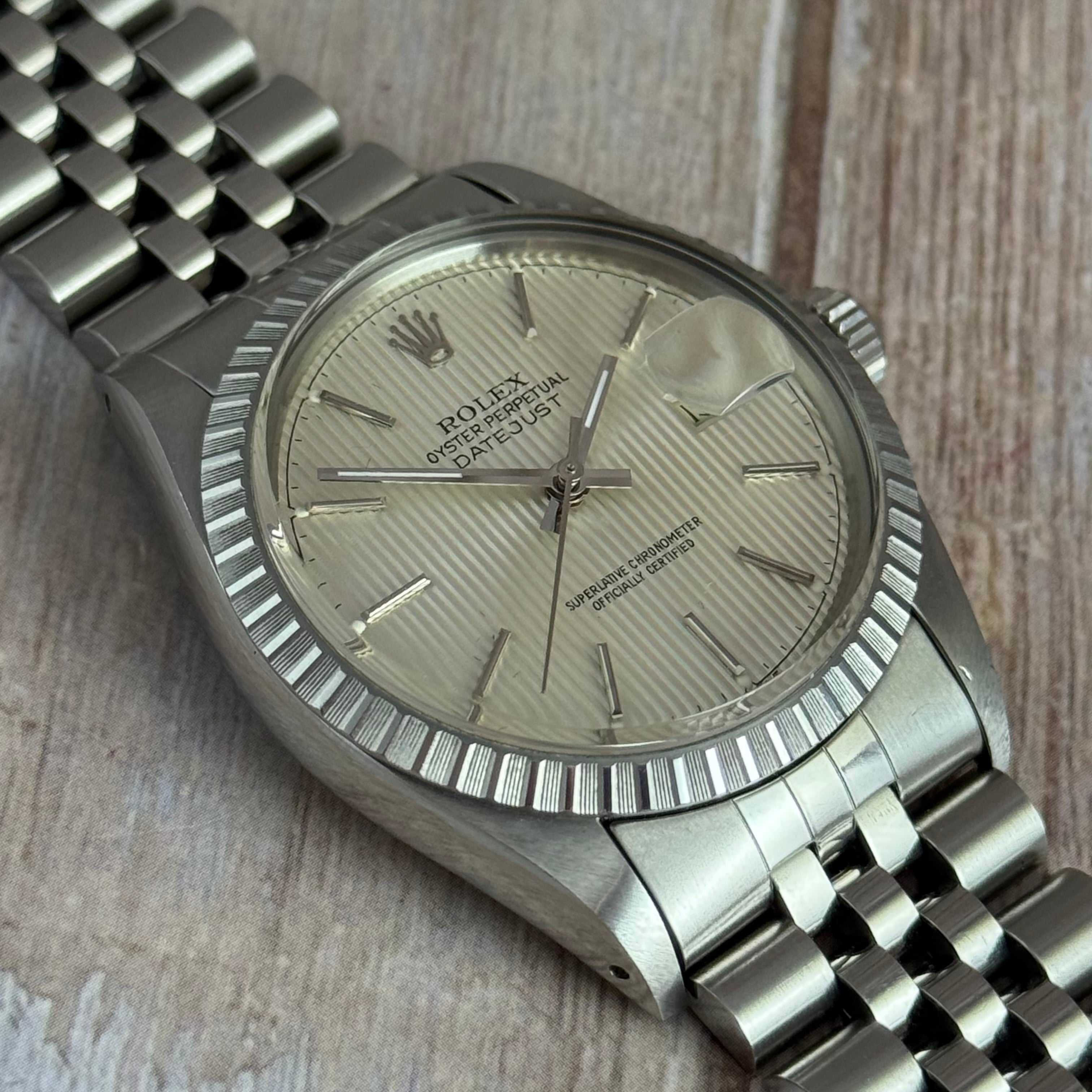 1986 Rolex Datejust 36 silver “tapestry” steel men’s watch boxed MINT CONDITION