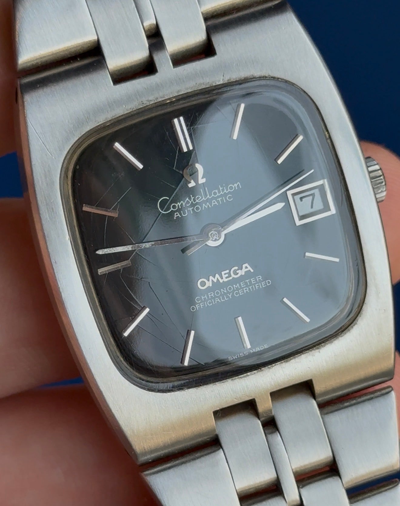 1969 Omega constellation automatic “luxury green” spider web patina gentlemen’s wrist watch 34mm (167.047) boxed