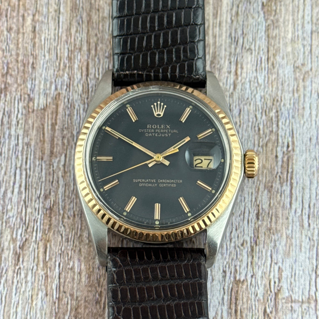 1974 Rolex Datejust 36 pink gold bi metal men’s wrist watch 1601 ‘black dial’ boxed