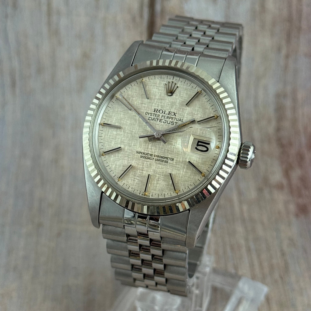 1980 ROLEX DATEJUST 36
16014 LINEN DIAL 18CT
GOLD BEZEL FULL SET