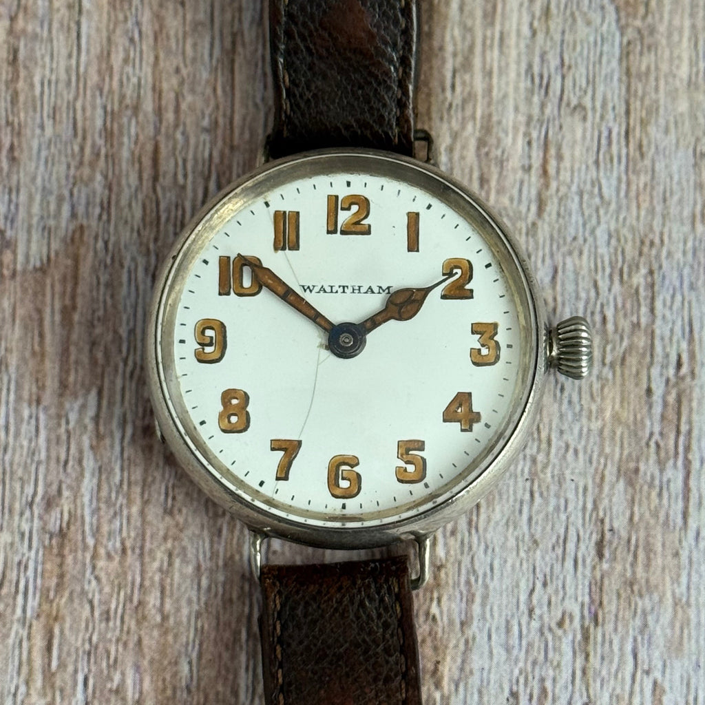 1910s Waltham Officers Trench wrist watch .925 solid silver case military style