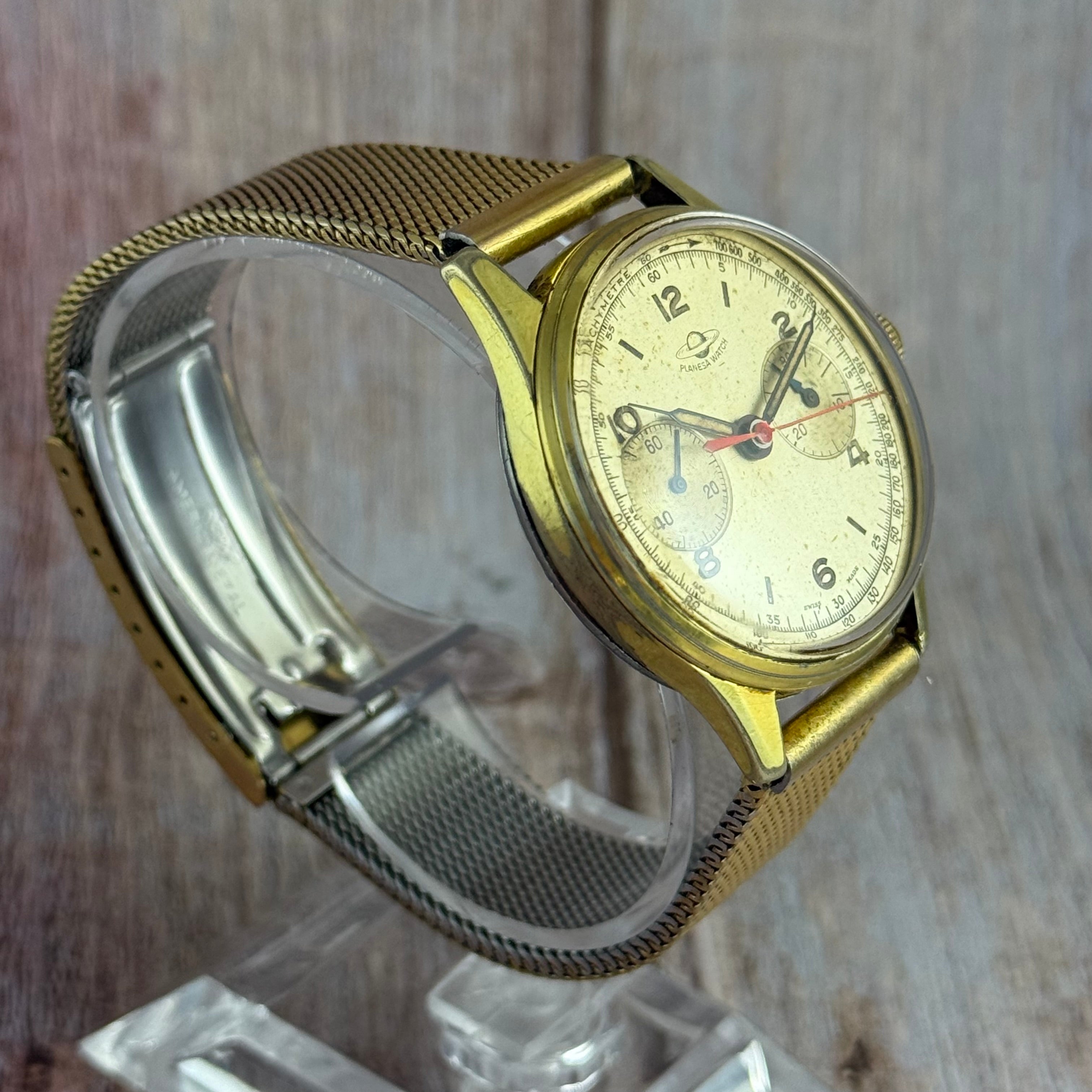 1950s Planesa Watch Men’s Swiss Chronograph Wrist Watch Gold Plated 36mm Working