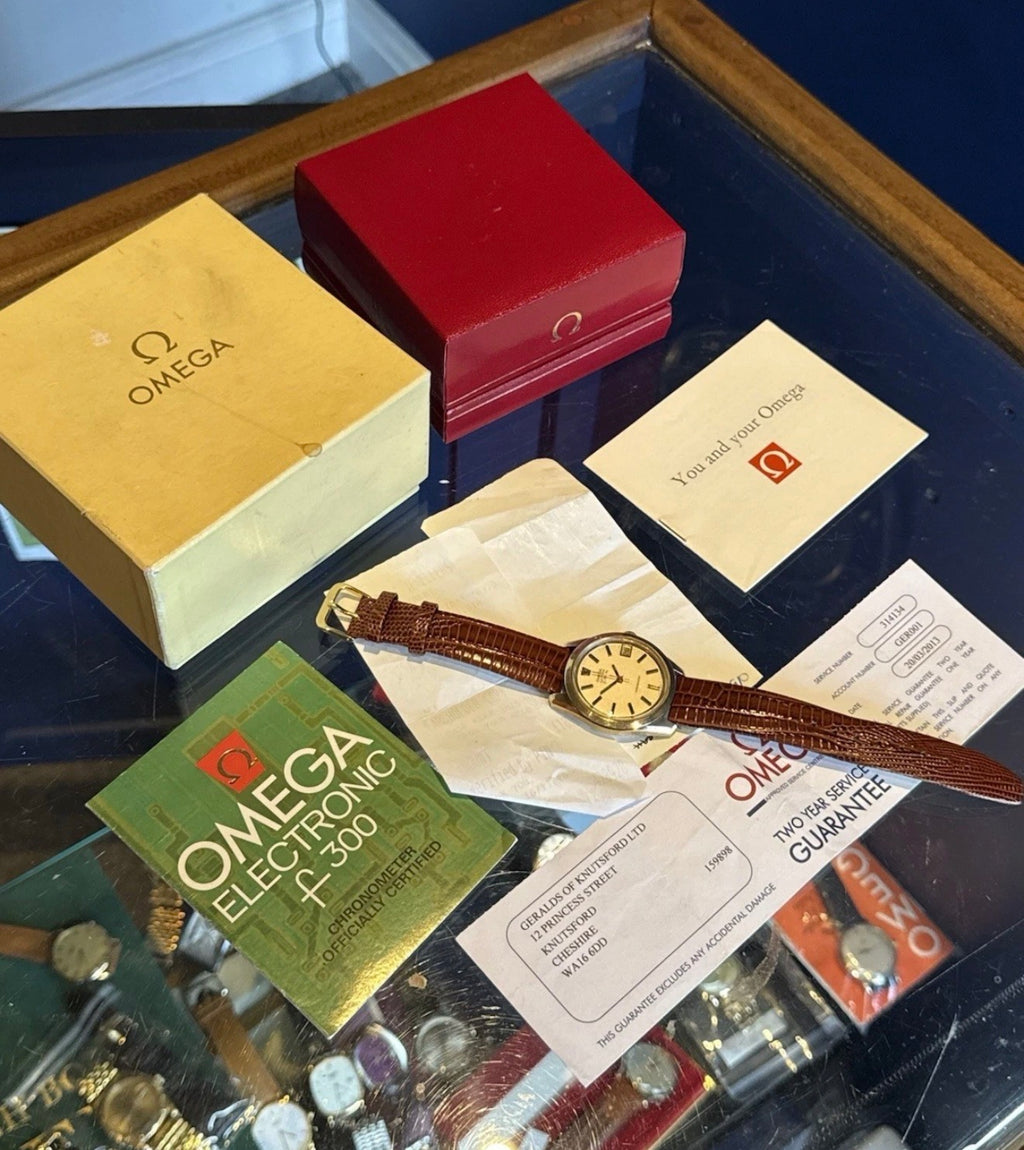 9ct Gold Omega Electronic Men’s Solid Gold Watch 37mm F300Hz Box & Papers