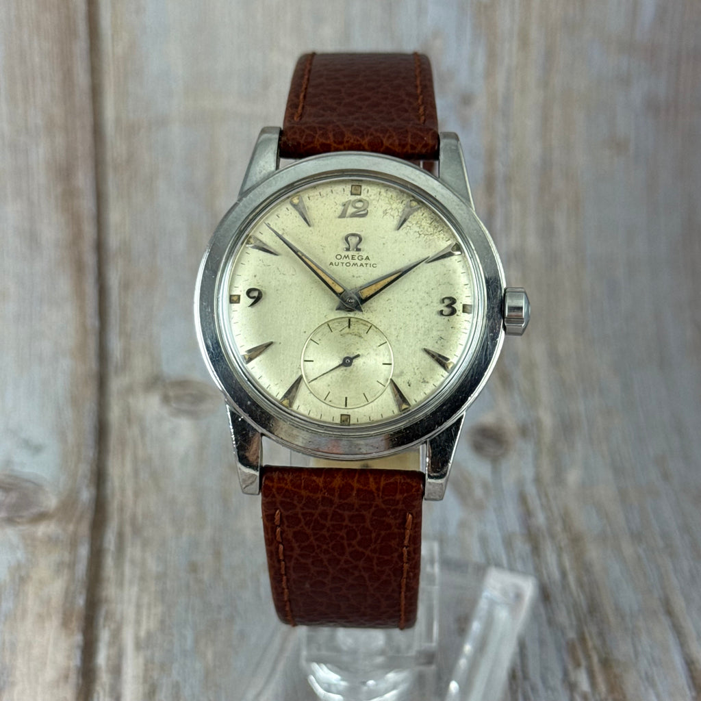 1950 Omega Seamaster “bumper” automatic breguet numerals men’s watch 35mm