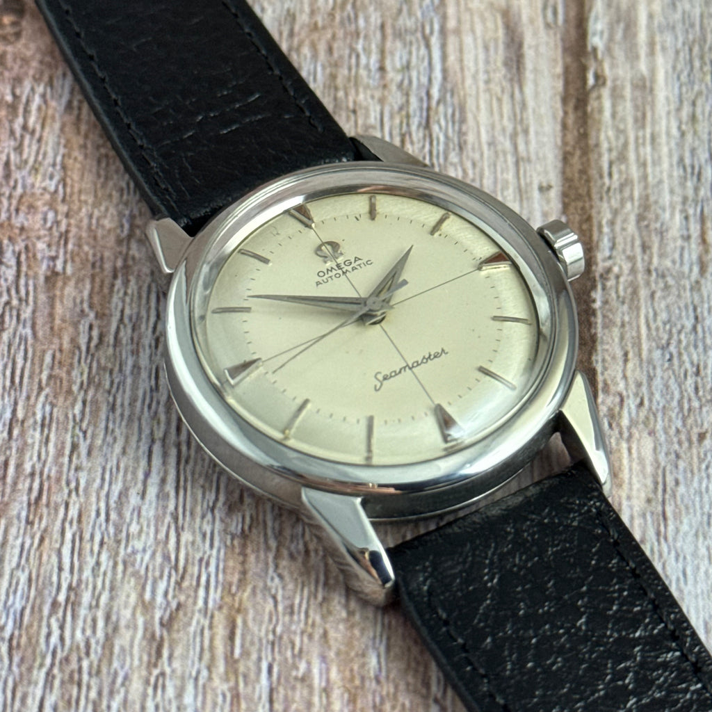 1958 Omega Seamaster automatic men’s cross-hair wrist watch two tone dial steel