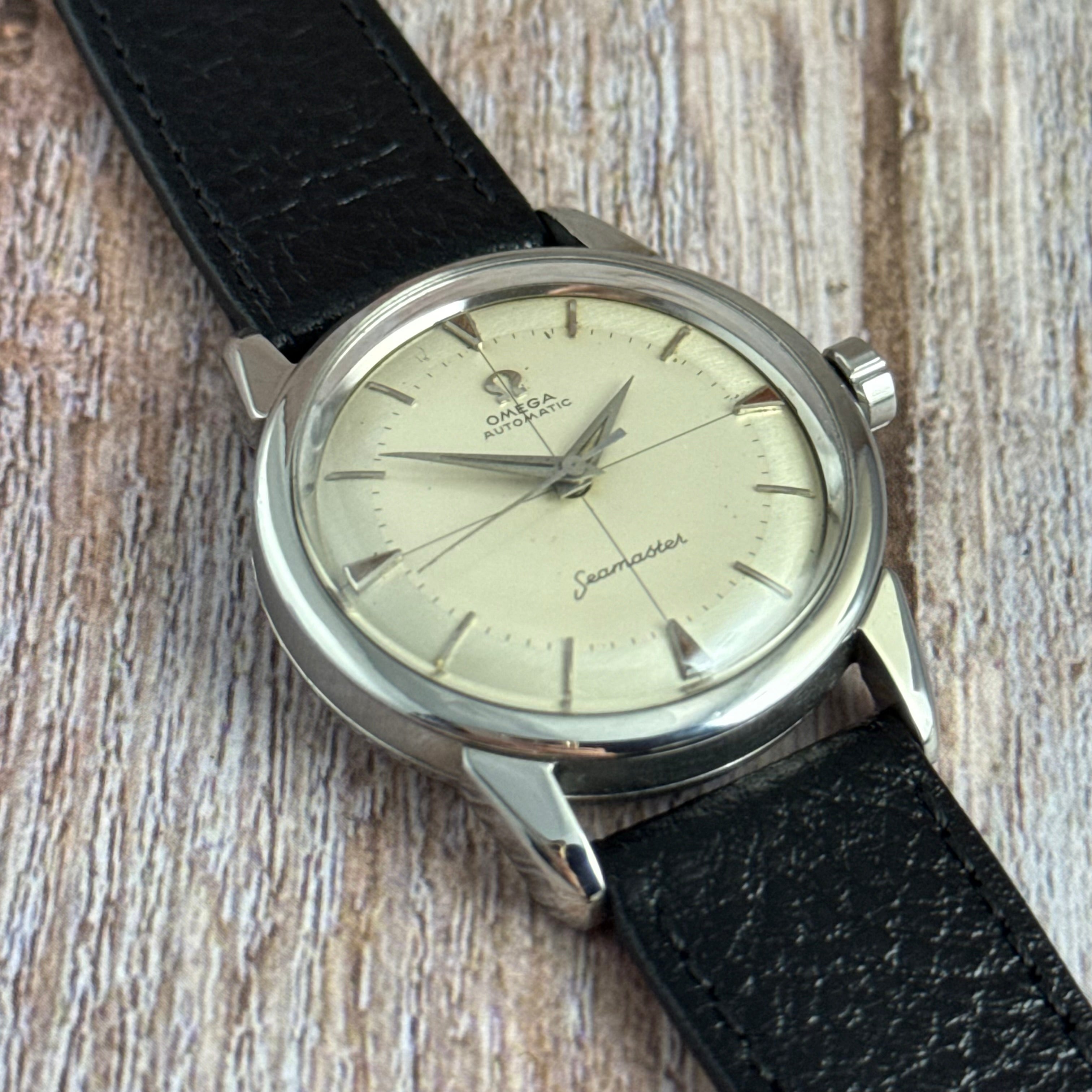 1958 Omega Seamaster automatic men’s cross-hair wrist watch two tone dial steel