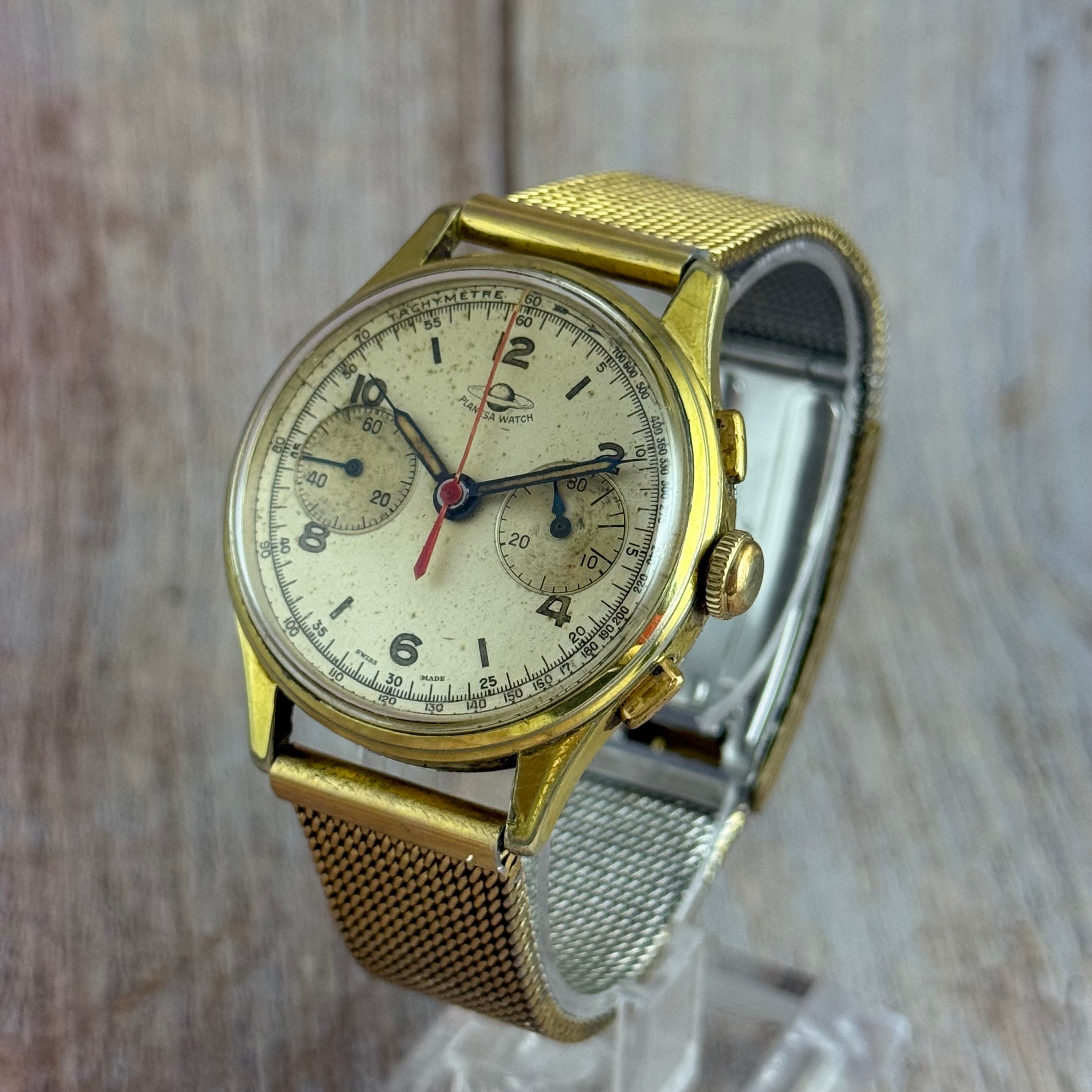 1950s Planesa Watch Men’s Swiss Chronograph Wrist Watch Gold Plated 36mm Working