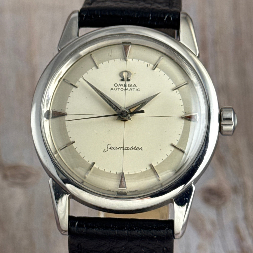 1958 Omega Seamaster automatic men’s cross-hair wrist watch two tone dial steel