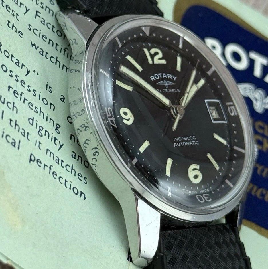 RARE VINTAGE ROTARY COMPRESSOR DIVER MEN WRISTWATCH 1960s Box & Papers 36mm