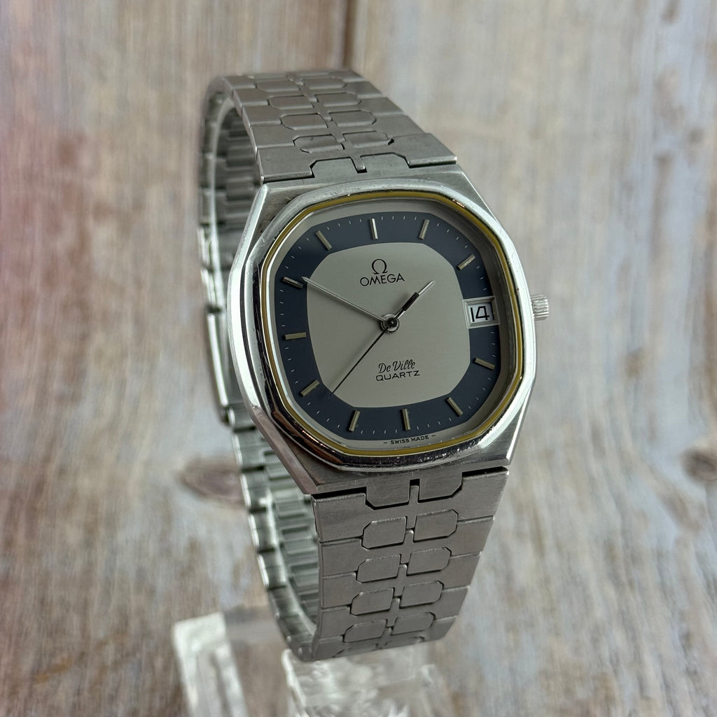 1970s Omega De Ville quartz men’s blue dial integrated bracelet wrist watch 35mm