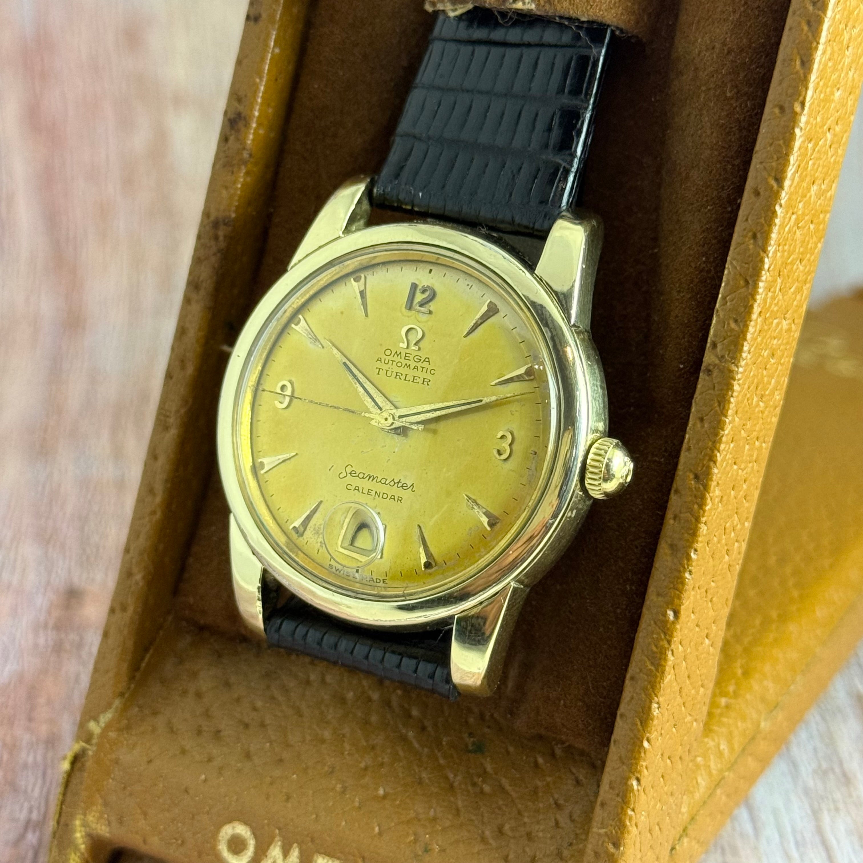 1952 Omega Seamaster Türler double signed dial men’s automatic calendar wrist watch watch boxed