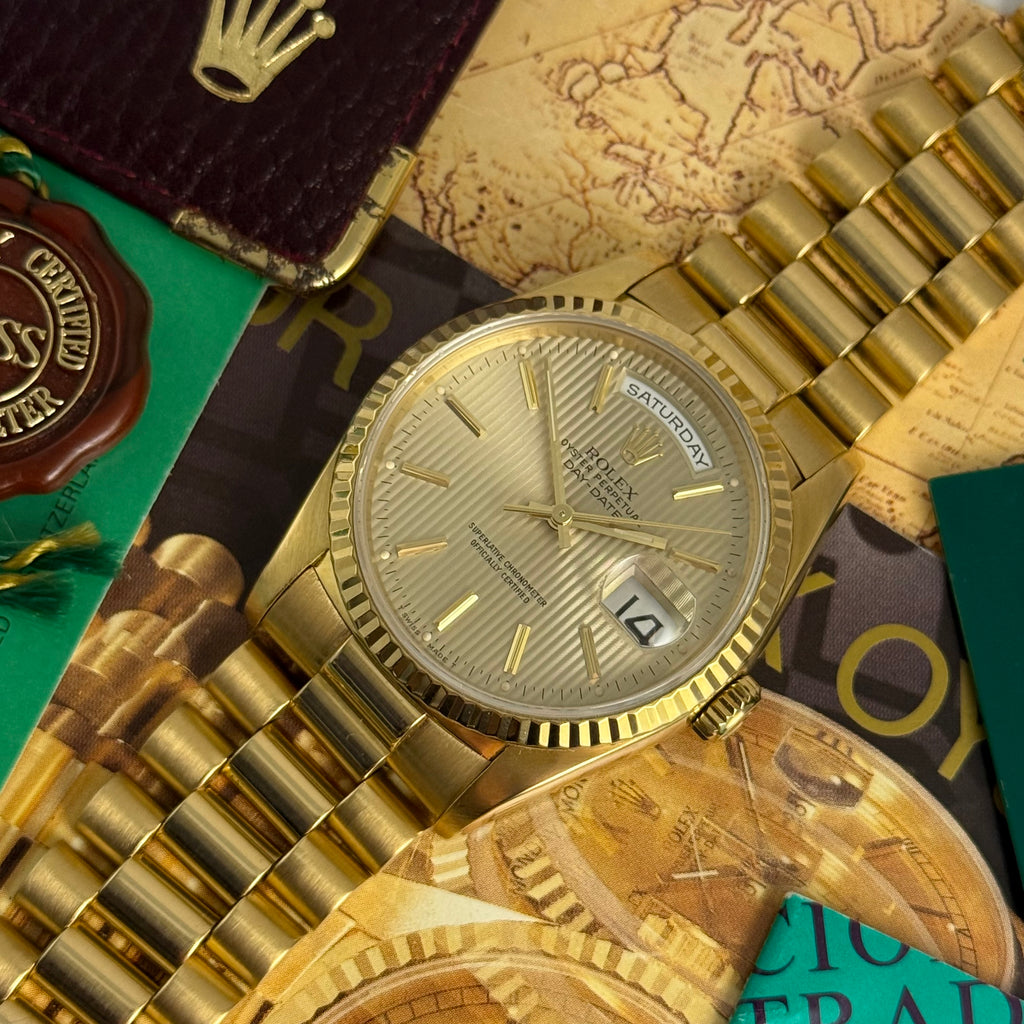 1989 Rolex Day-Date 36 ‘President’ men’s yellow gold watch tapestry dial gold jubilee bracelet, box & booklets