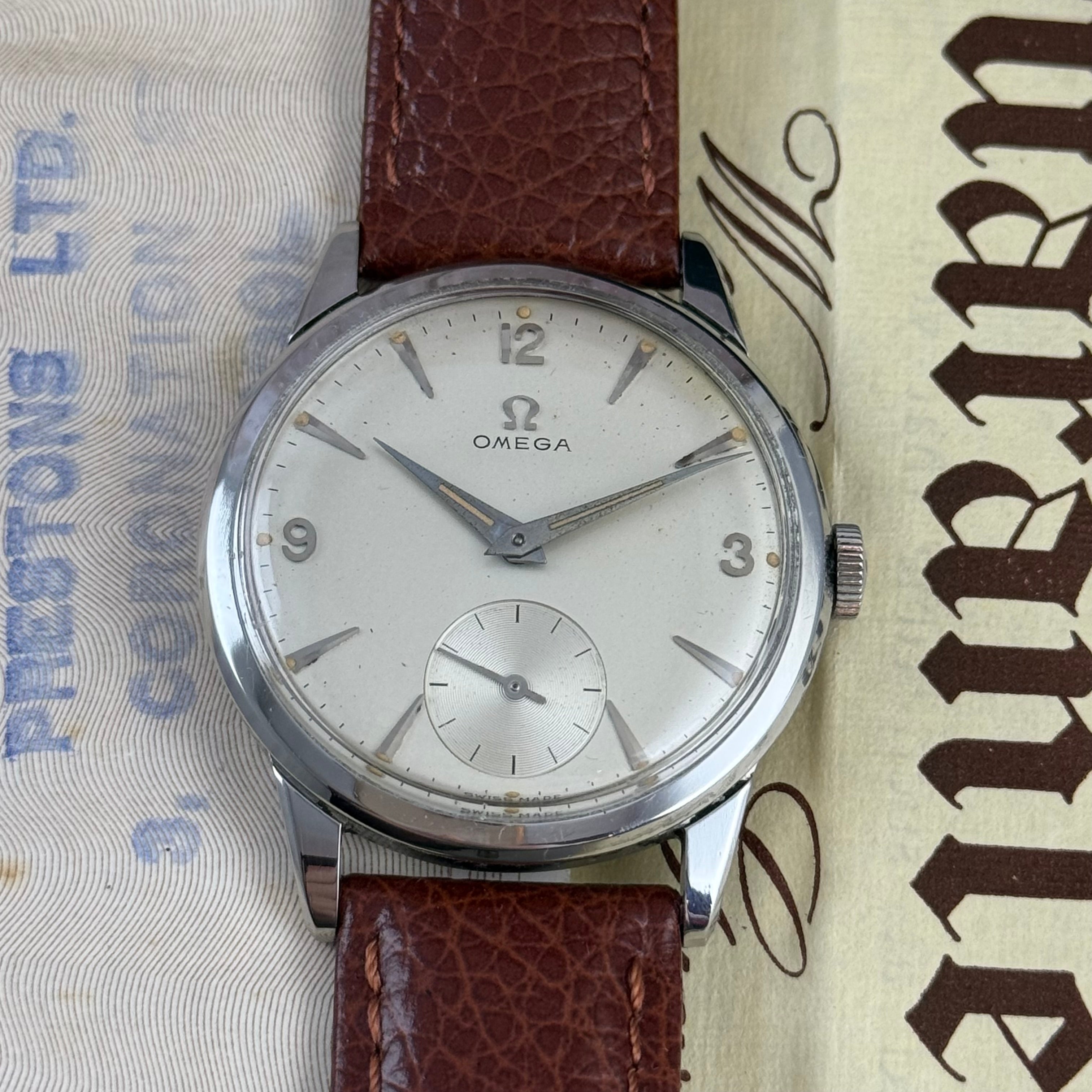 1958 Omega gentlemen’s steel wrist watch manual wind 34mm with papers ref (13332)