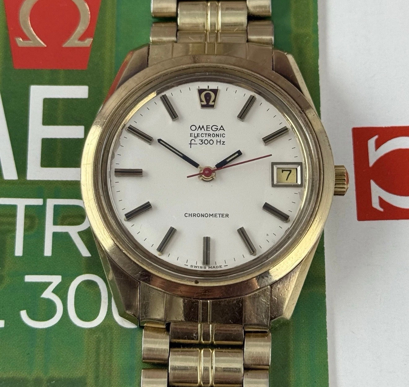 9ct Gold Omega Electronic Men’s Solid Gold Watch 37mm F300Hz Box & Papers