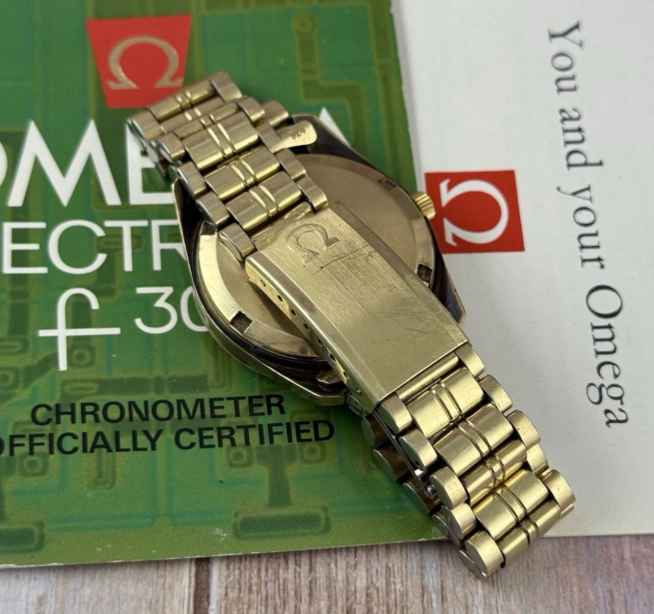 9ct Gold Omega Electronic Men’s Solid Gold Watch 37mm F300Hz Box & Papers