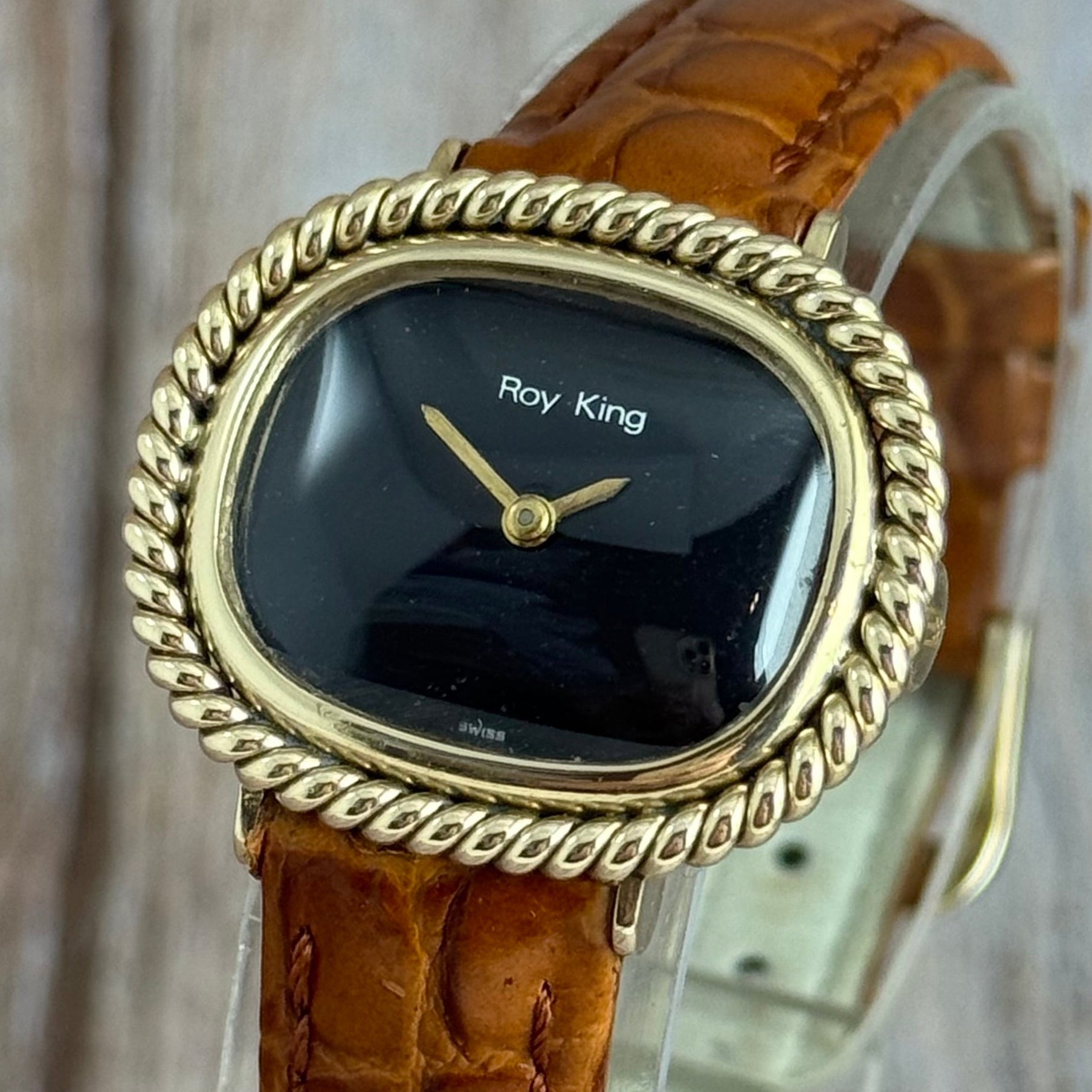 1970s Roy King 9ct solid gold ladies watch onyx dial boxed